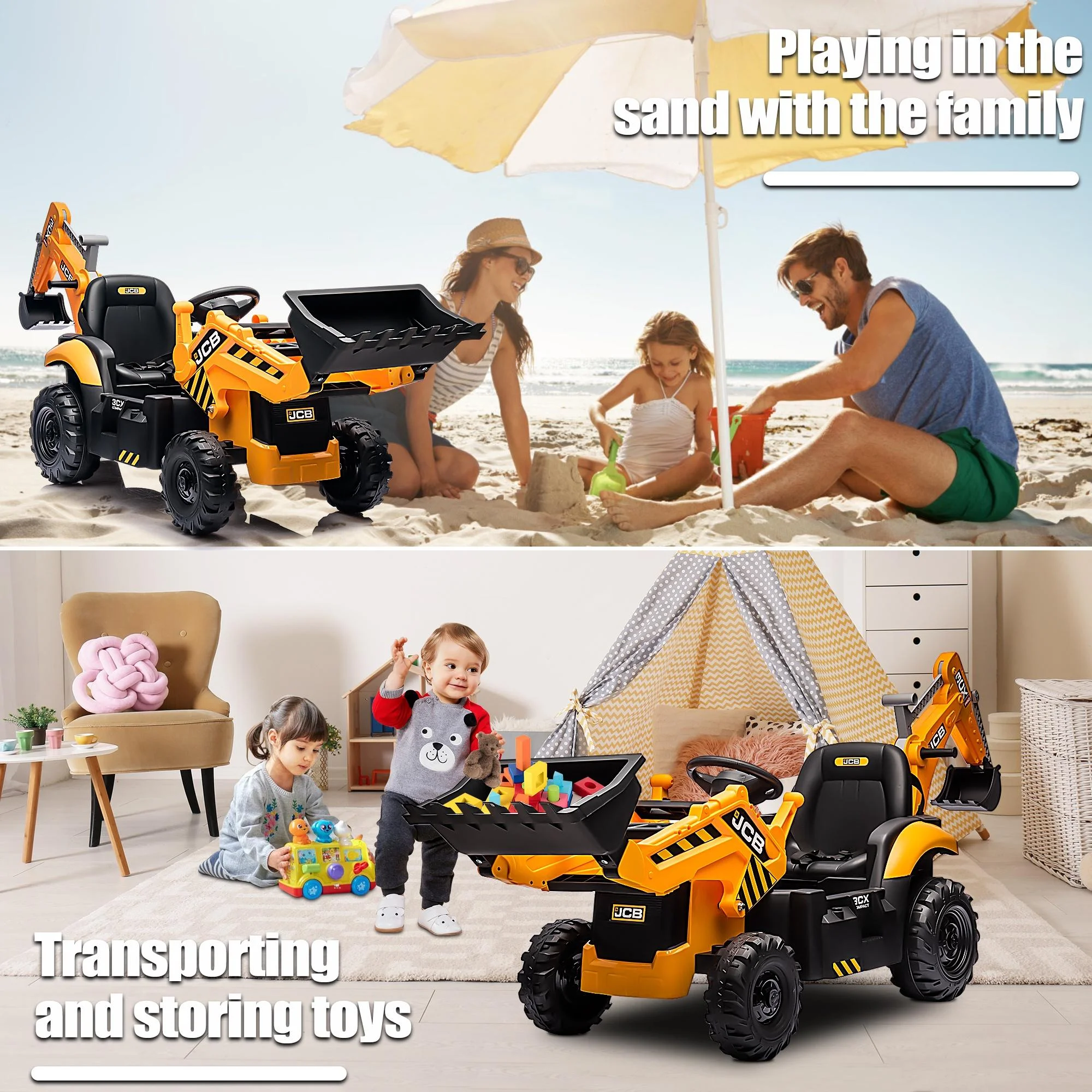JCB 24V Ride on Excavator with Front&Back Loader 3in1 Kids Ride on Car with Remote Control Electric Construction for 3-6 Years Old Boys and Girls, Backhoe Ride on, Yellow - Womvr