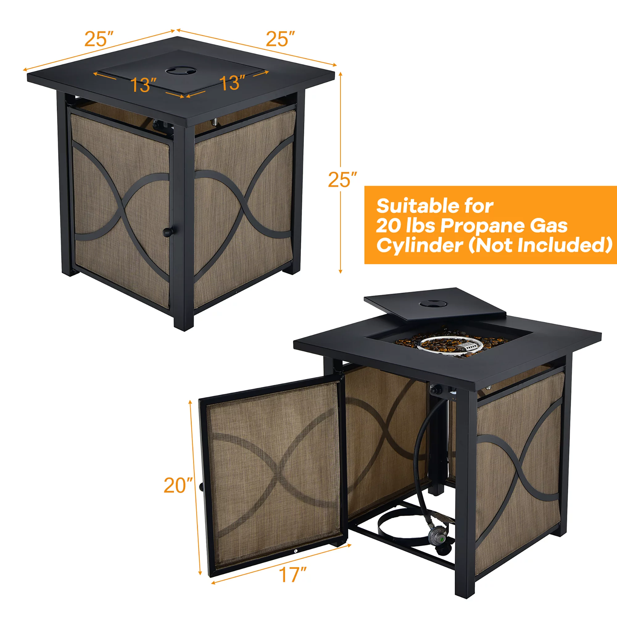 Costway 25-Inch Square Propane Fire Pit Table 40000 BTU W/ Lid, Fire Glass - Womvr