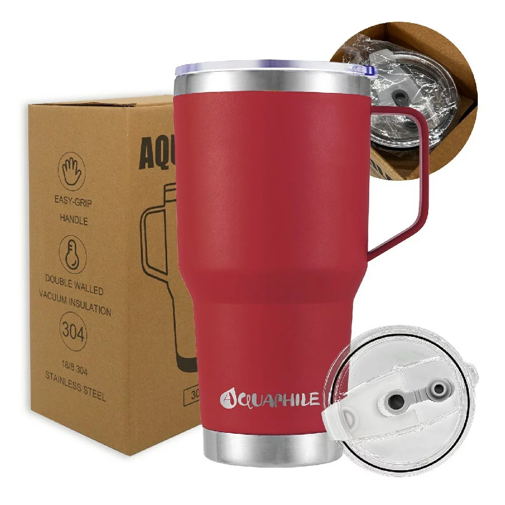 AQUAPHILE 30oz Stainless Steel Insulated Coffee Mug with Handle, Double Walled Vacuum Travel Cup with Lid & Straw, Reusable Thermal Coffee Cup, Portable Coffee Tumbler,Light Blue - Womvr