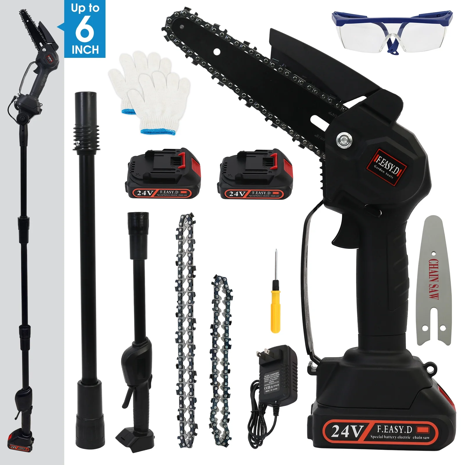 Cordless Pole Saw, Mini Chainsaw & Cordless Pole, with Retractable Extension Rod, with 2 Replaceable 24V Batteries for Tree Trimming - Womvr