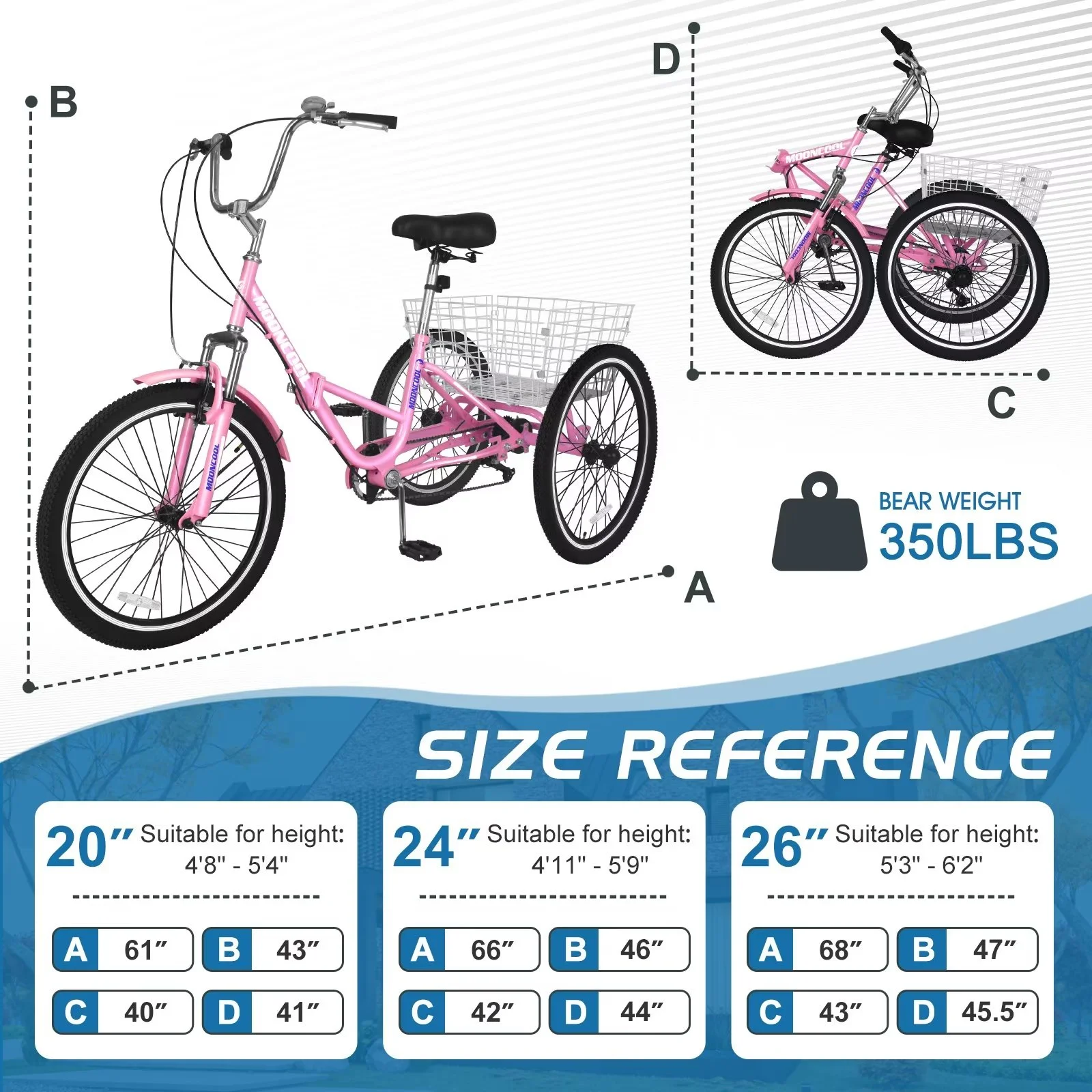MOPHOTO 20/24/26 inch Adult Tricycle Folding 3 Wheel Cruiser Bikes 7 Speed, Portable and Foldable Trikes with Cargo Basket for Men & Women Outdoor Cycling, Purple - Womvr
