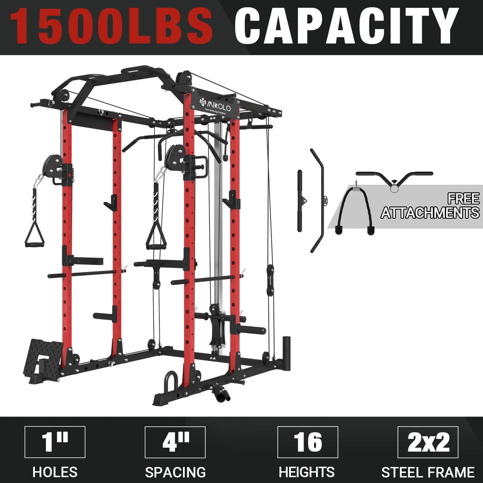 Mikolo Power Rack Cage, 1500 lbs Weight Rack with Cable Crossover Machine,Multi-Function Squat Rack with J Hooks,Dip Bars and Landmine for Home Gym (Red), Plate Loaded Machine - Womvr