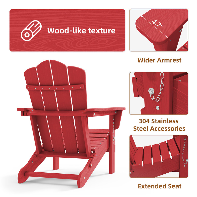 Outdoor Patio Folding HDPE Resin Adirondack Chair, Red - Womvr