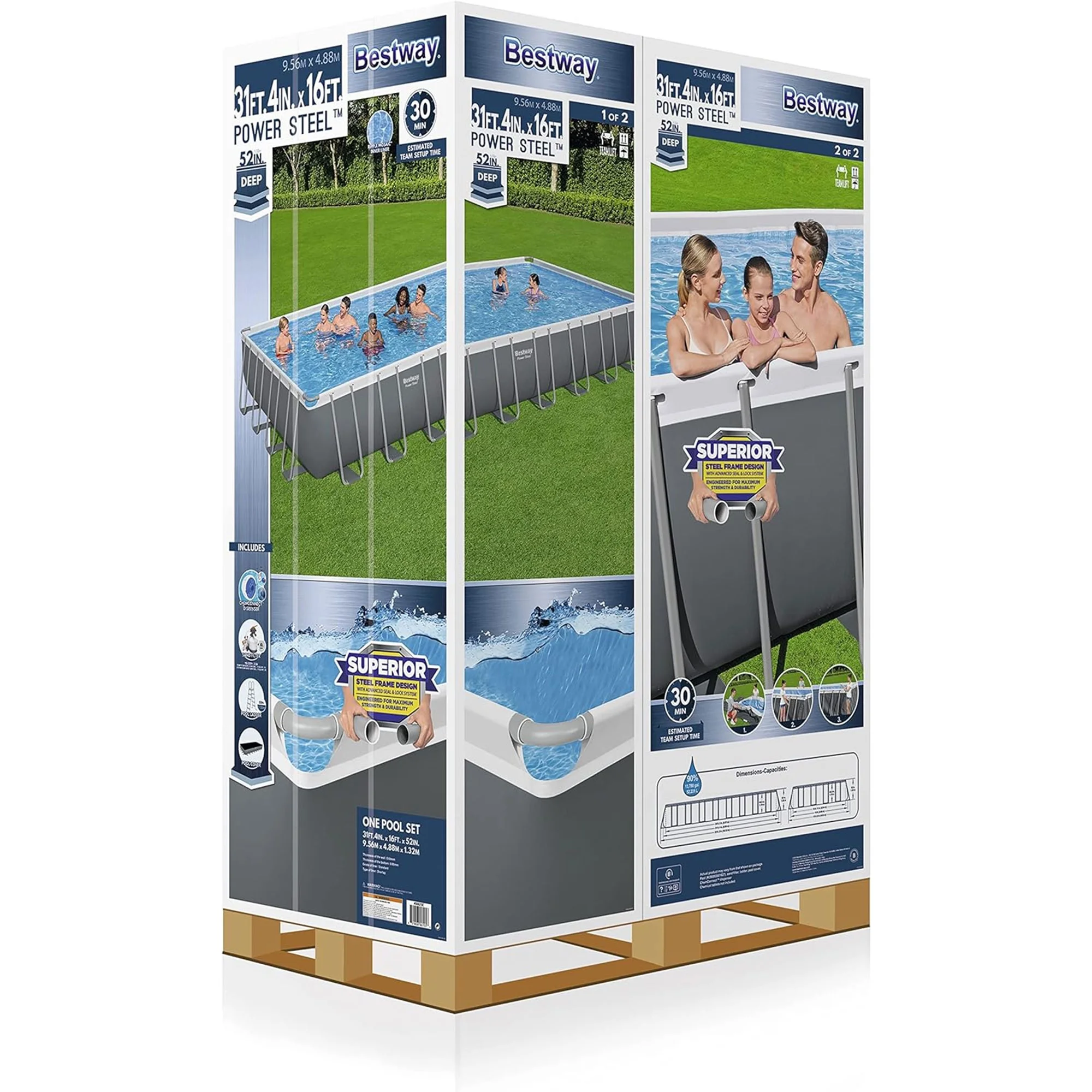Bestway Power Steel Rectangular Metal Frame Above Ground Pool Set, Grey - Womvr