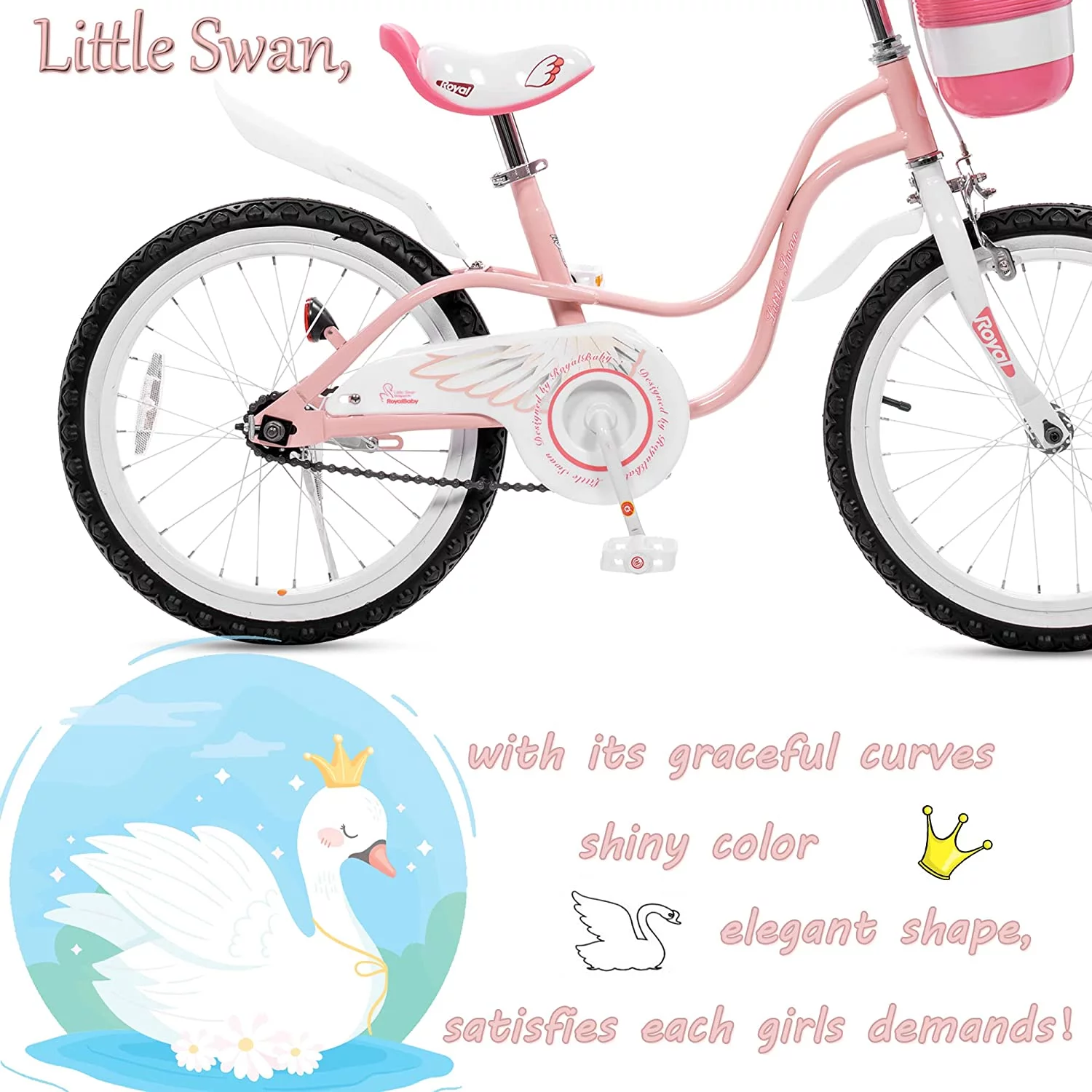 Royalbaby Little Swan Light Pink 16 Girl's Bicycle With Training Wheels and Basket - Womvr