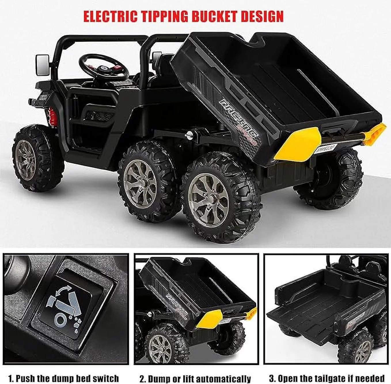 Funcid 24 V 4WD Kids Kids Ride on UTV with Remote Control, 2 Seater 6-Wheel Ride on Dump Truck Car, Ride on Toys w/ Tipping Bucket Trailer & Shovel,Bluetooth Music, Black - Womvr