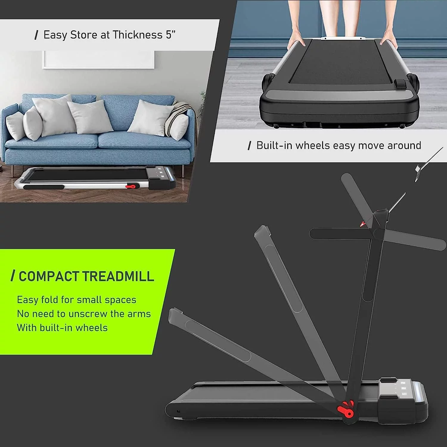 Under Desk Treadmill 2 in 1 Folding Portable Treadmill, Walking Treadmill 2.25HP, Under Desk Electric Treadmill with Remote APP Control LED Display Phone Holder No Needed Assembly for Home & Gym - Womvr