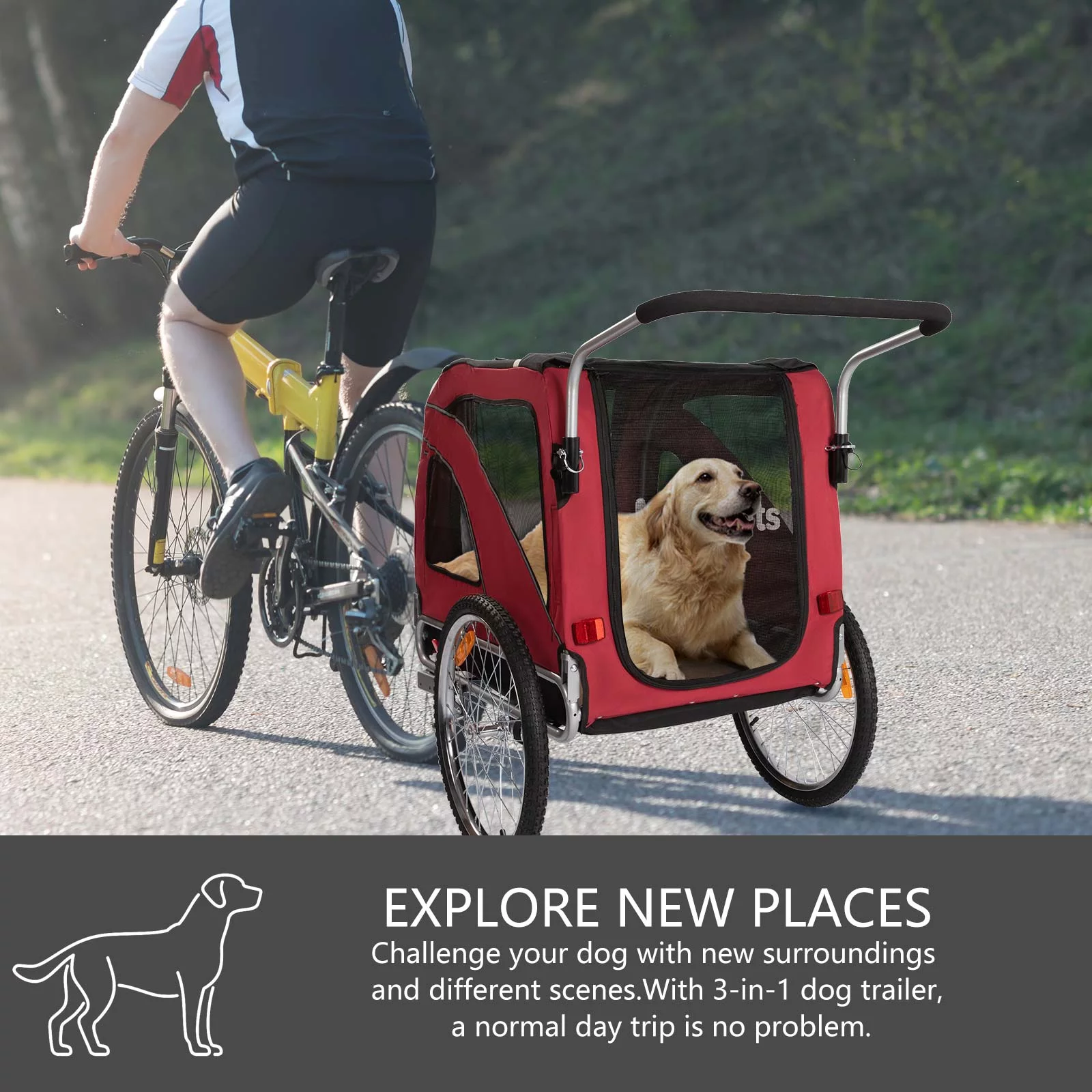 MOJAY 3-in-1 Dog Bicycle Trailer, Dog Stroller, and Dog Jogging Stroller, Red - Womvr