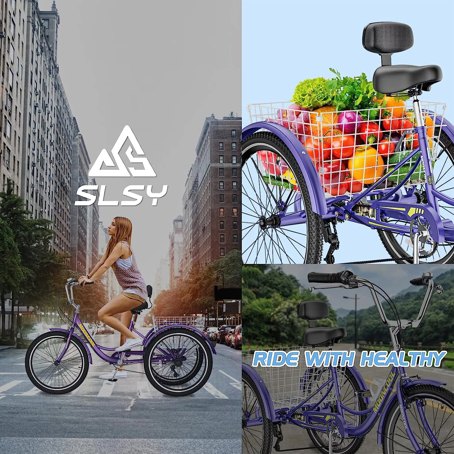 MOONCOOL Adult Tricycles with Rear Basket, 24 26 inch 7 Speed 3 Wheel Bikes, Three-Wheeled Bicycles Adult Trike with Backrest for Seniors, Women, Men - Womvr