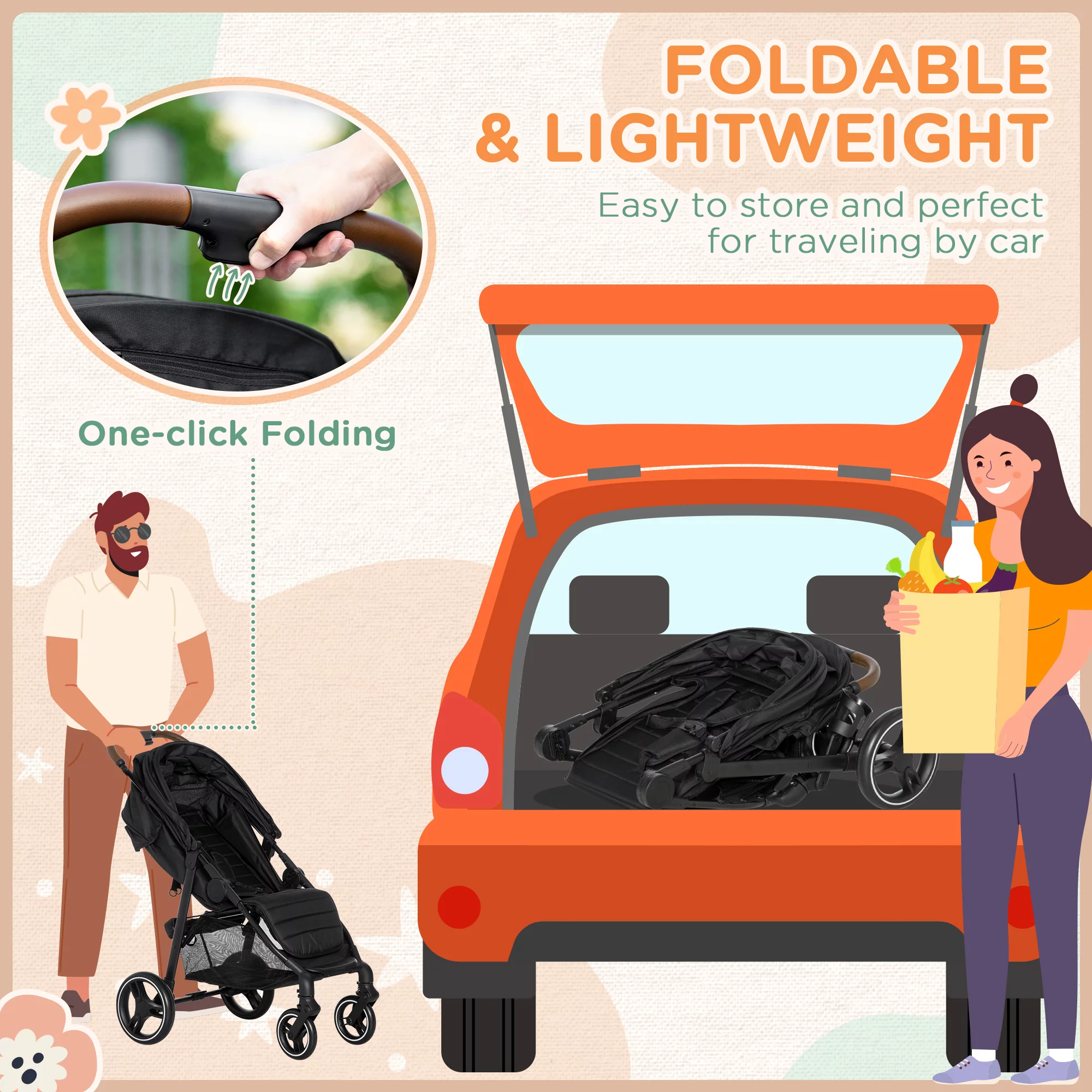 Qaba 1-Click-Foldable Toddler & Baby Stroller, Lightweight Stroller, Black - Womvr