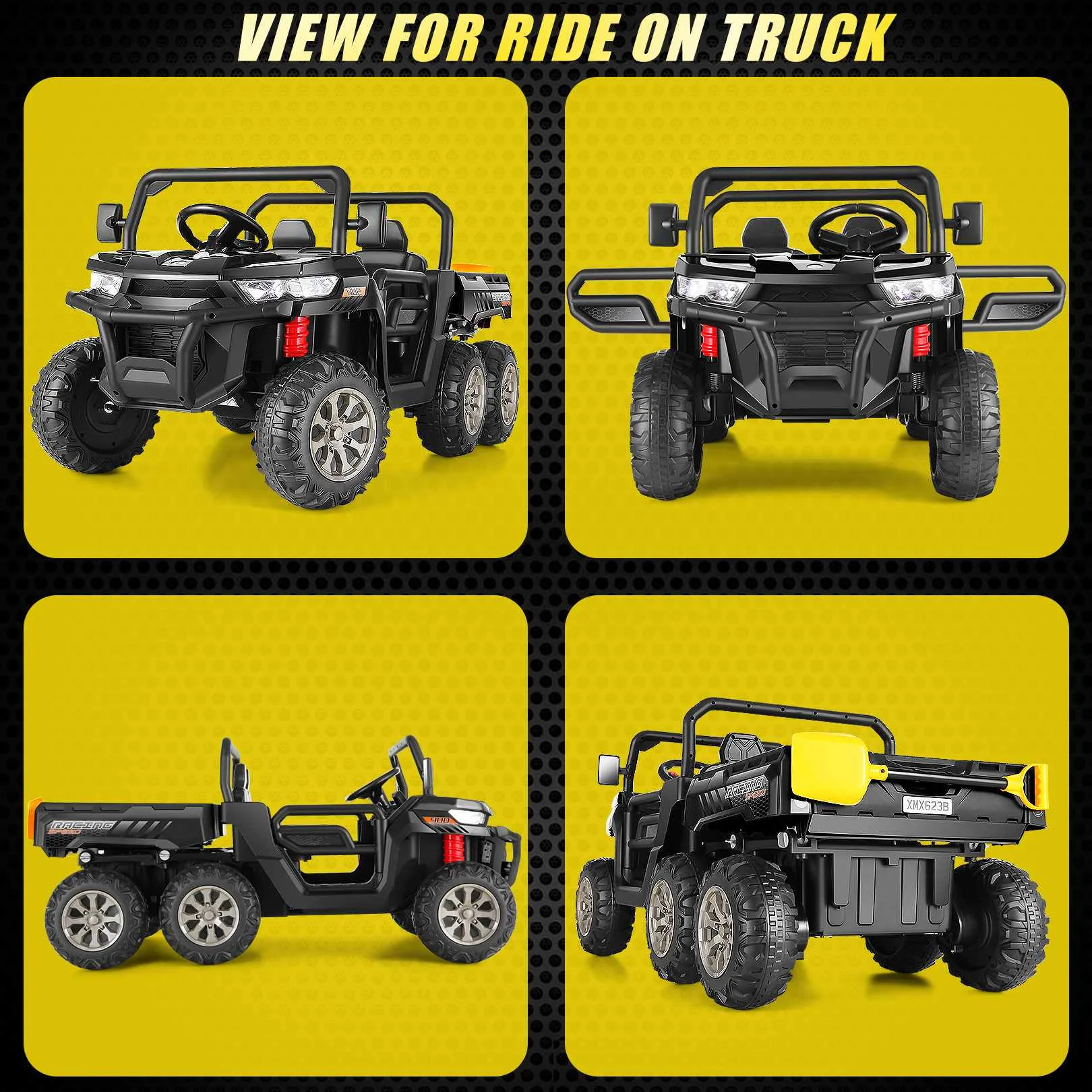 Funcid 24 V 4WD Kids Kids Ride on UTV with Remote Control, 2 Seater 6-Wheel Ride on Dump Truck Car, Ride on Toys w/ Tipping Bucket Trailer & Shovel,Bluetooth Music, Black - Womvr