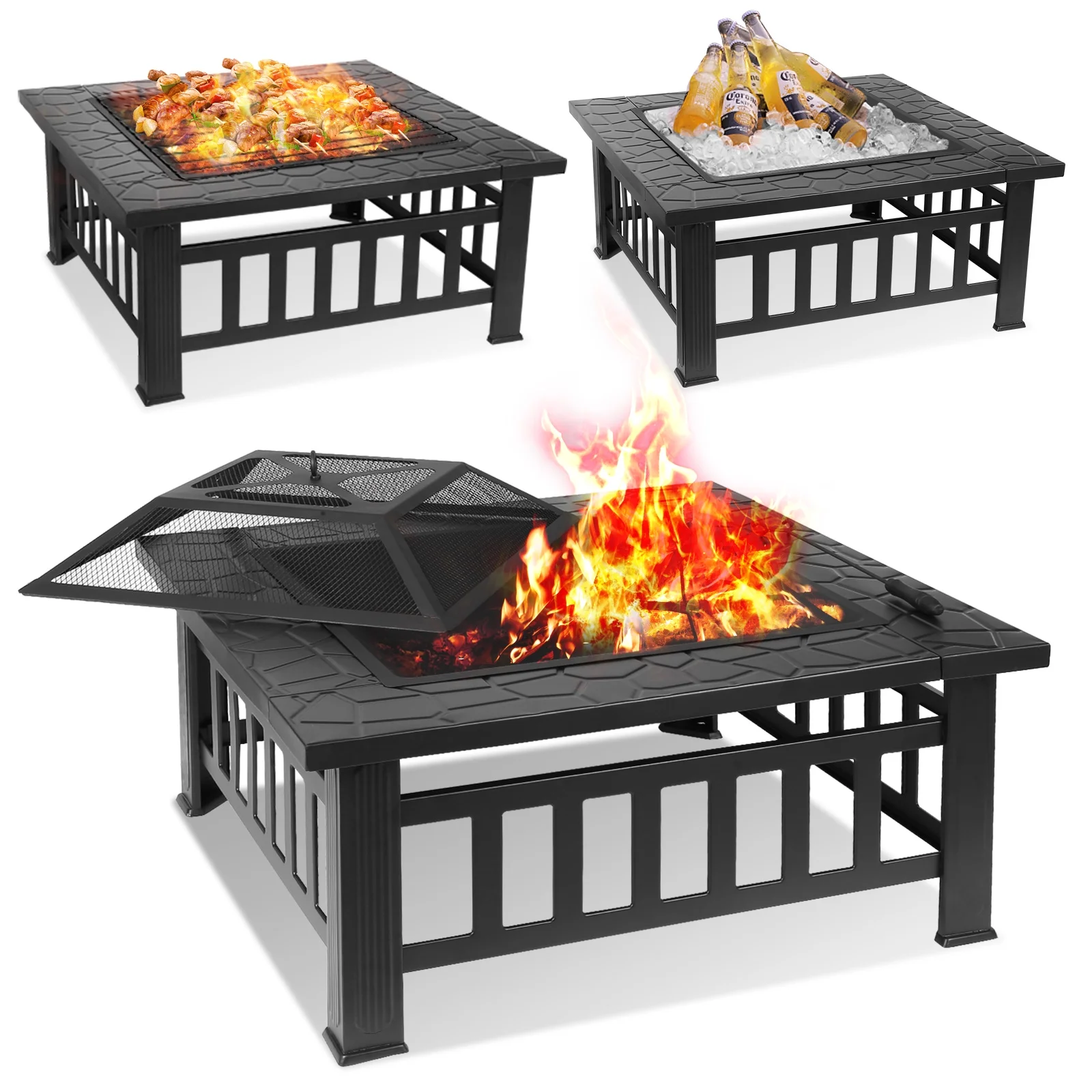 LAZY BUDDY Steel Fire Pits for Outside, 32'' Square Wood Burning Fire Pit Table, Outdoor Patio BBQ Firepit Bonfire Party - Womvr