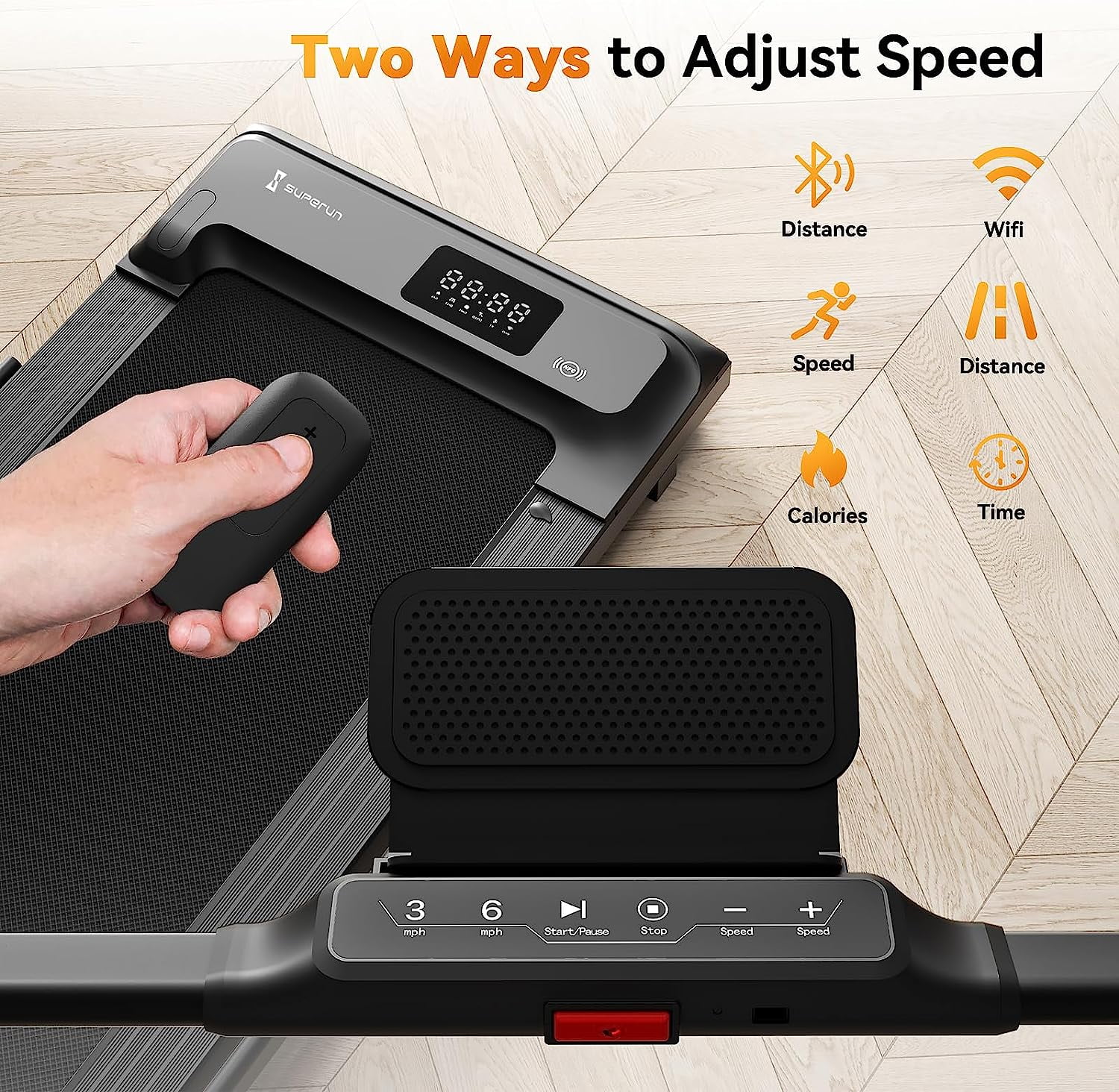 Superun 2 in 1 Folding Treadmill 3 HP Indoor Walking pad with 300lbs Capacity & APP Bracelet & Wider Running Belt(Orange) - Womvr