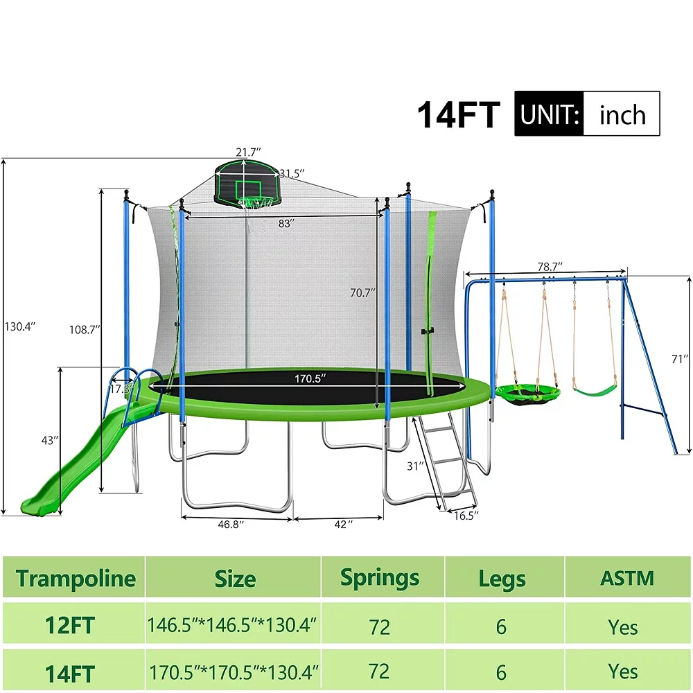 YORIN 12FT 14FT Trampoline for Adults/ Kids, with Enclosure Net, Slide, Metal Swing, Basketball Hoop, Combo Bounce Outdoor Fitness Trampoline, 1000 LBS Weight Capacity for 5-6 Kids - Womvr