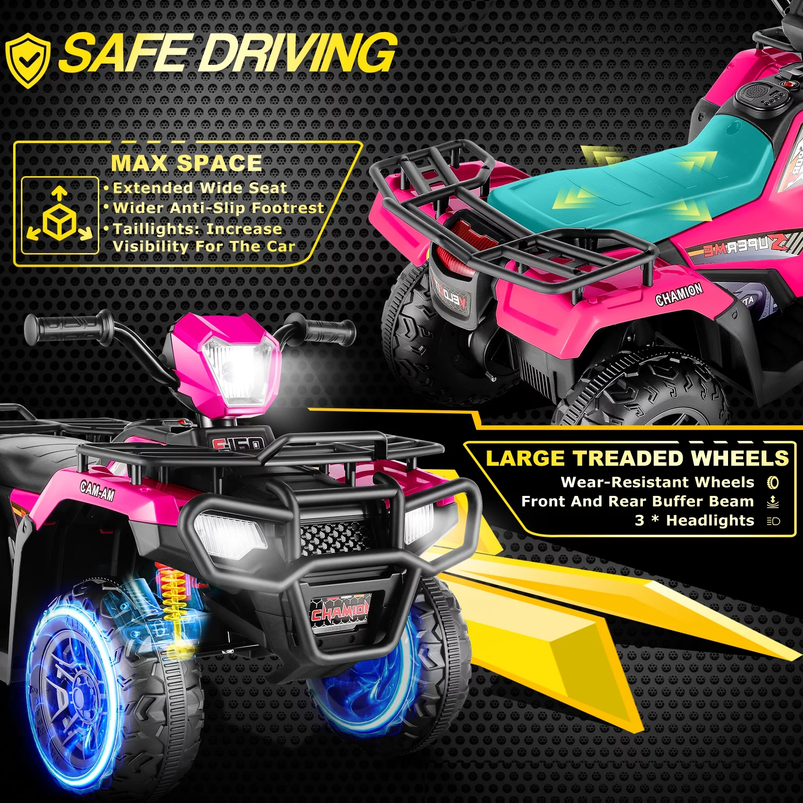 Funcid 12V Kids Ride on ATV 4-Wheeler Quad Battery Powered Electric Car with High/Low Speed, 2X30W Motor, Treaded Tires, Soft Braking, LED Light, Music, Rose Red - Womvr