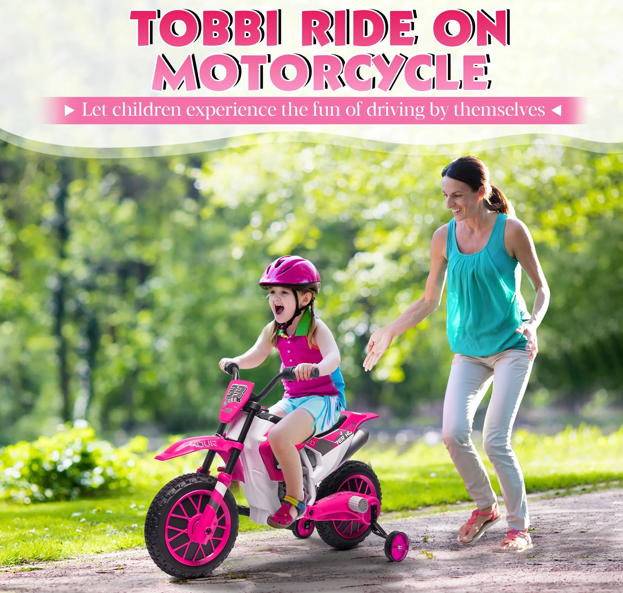 TOBBI 12V Kids Motorcycle off- Road Ride on Dirt Bike W/ Training Wheels, Age 3-8 Toddlers, Green - Womvr
