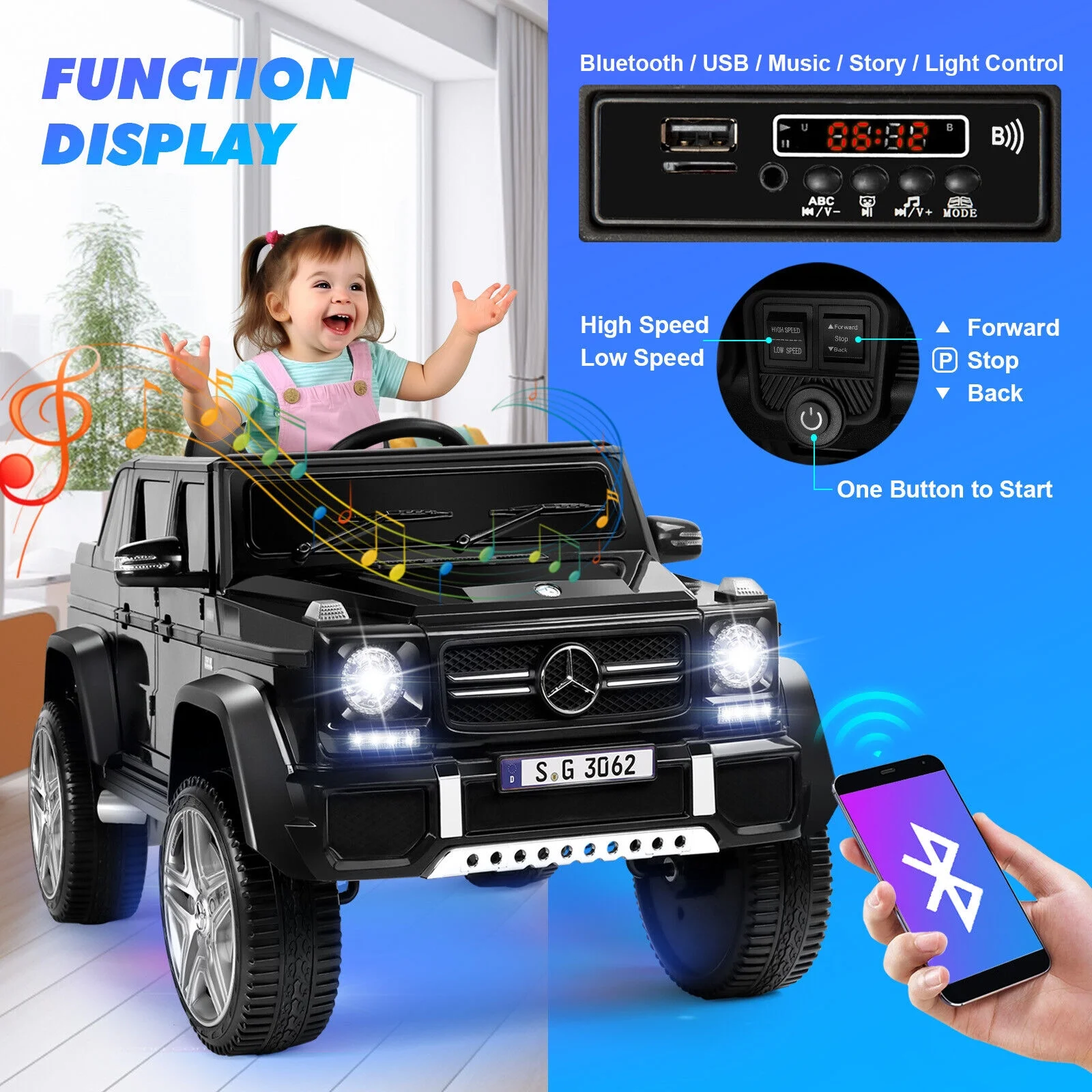 JOYLDIAS 12V Kids Ride on Car 3 Speeds Licensed Mercedes-Benz Electric Toy w/ Bluetooth, Remote Control, LED Lights (Pink) - Womvr
