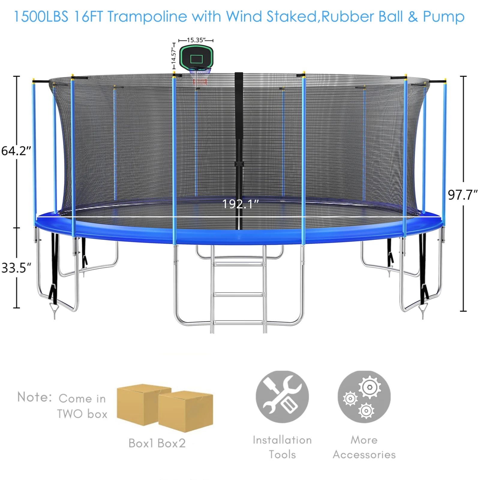 16FT Trampoline for 8-9 Kids Adults with Basketball Hoop, Ladder, Light, Sprinkler, Socks, Outdoor Heavy Duty Recreational Trampoline - Womvr