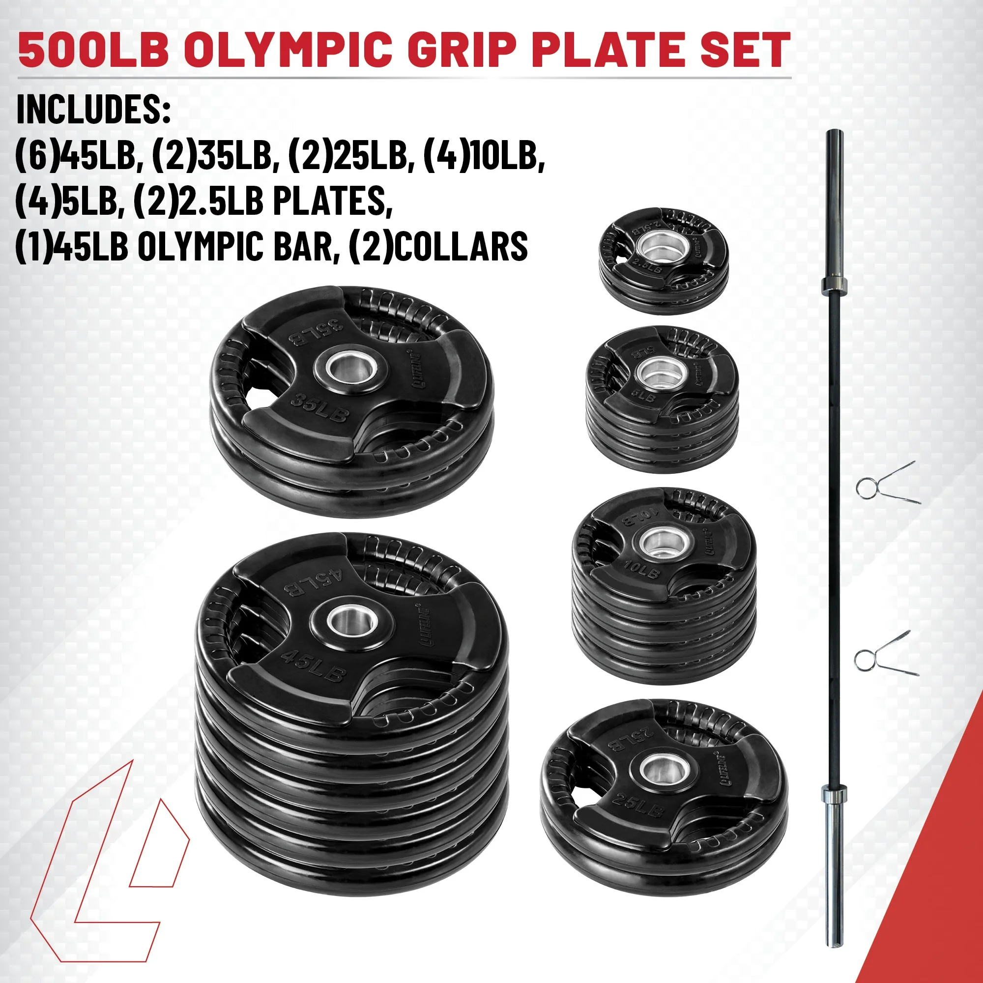 Lifeline Fitness 400 LB Olympic Weight Set - Rubber Coated Olympic Weight Plates, Barbell, and Clips - Womvr