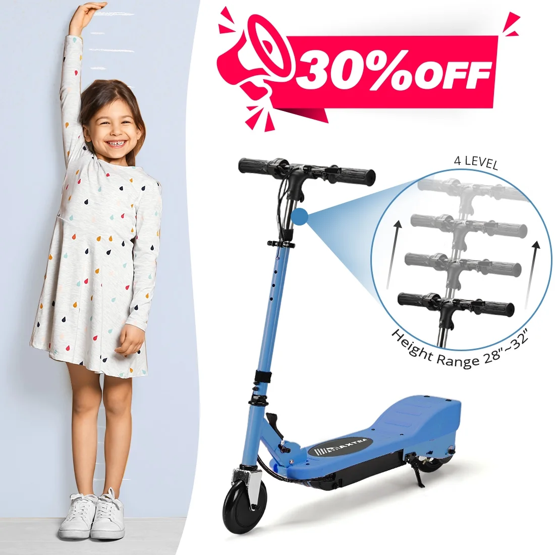 Maxtra Scooters E100 Folding Electric Scooter with Adjustable Handlebar for Kids Ages 6-12, up to 10 MPH, 155 Lbs. Max Load - Womvr