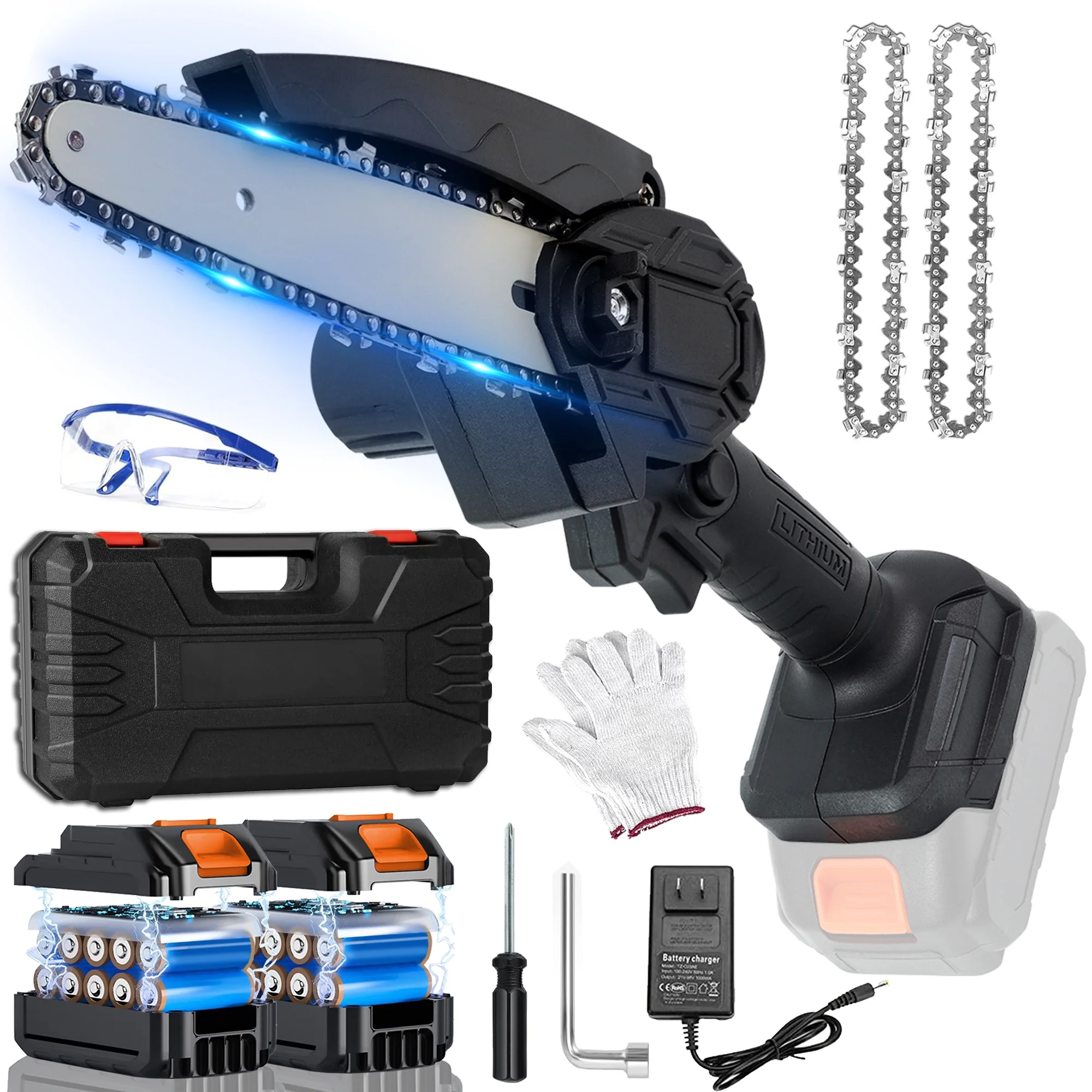 HDJ 6 inch Cordless Mini Chainsaw with 2PCS Batteries,Electric Chainsaw Portable One-Hand for Wood Cutting Tree Branch Trimming - Womvr