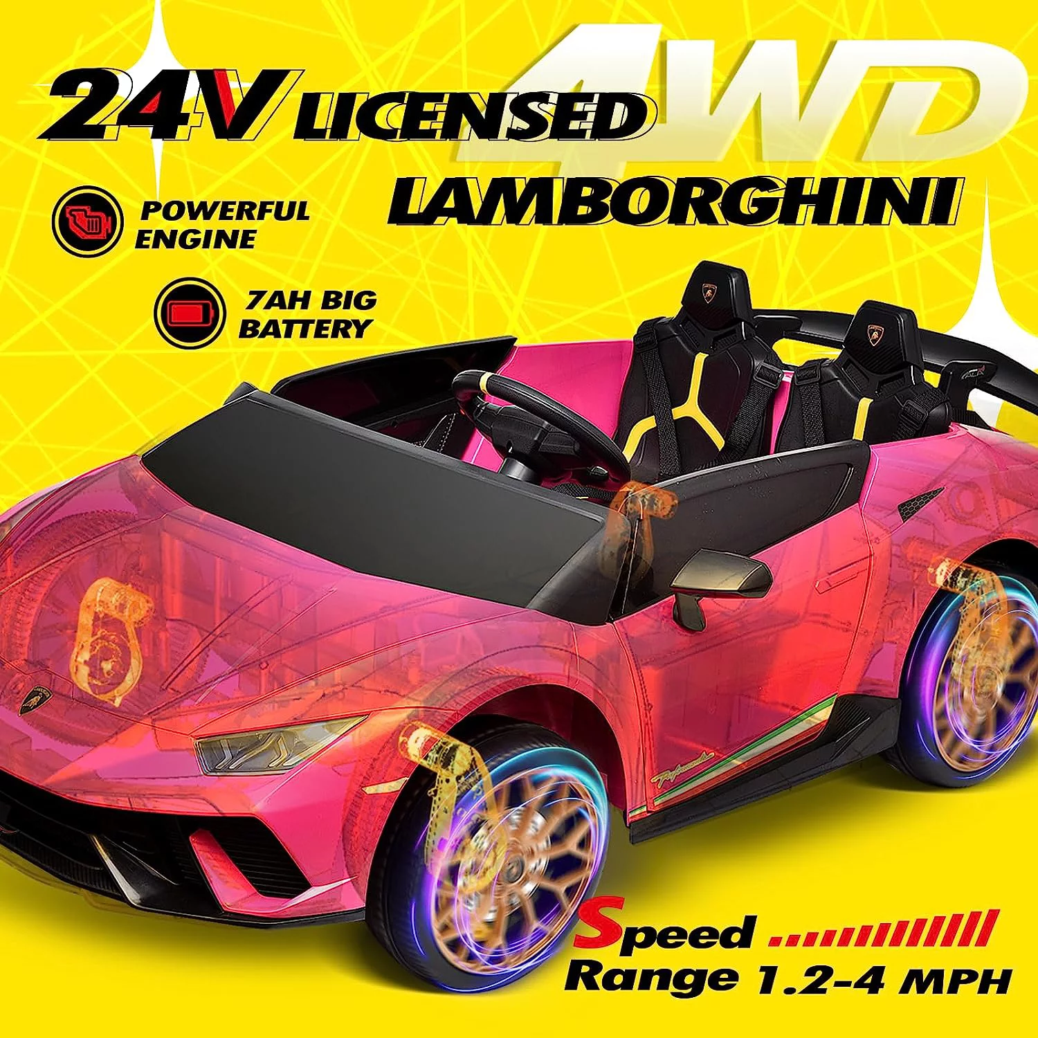 Blitzshark 24 V 2 Seater Kids Ride on Car Licensed Lamborghini Powerful 4WD, with 7AH Battery, Remote Control, Pink - Womvr