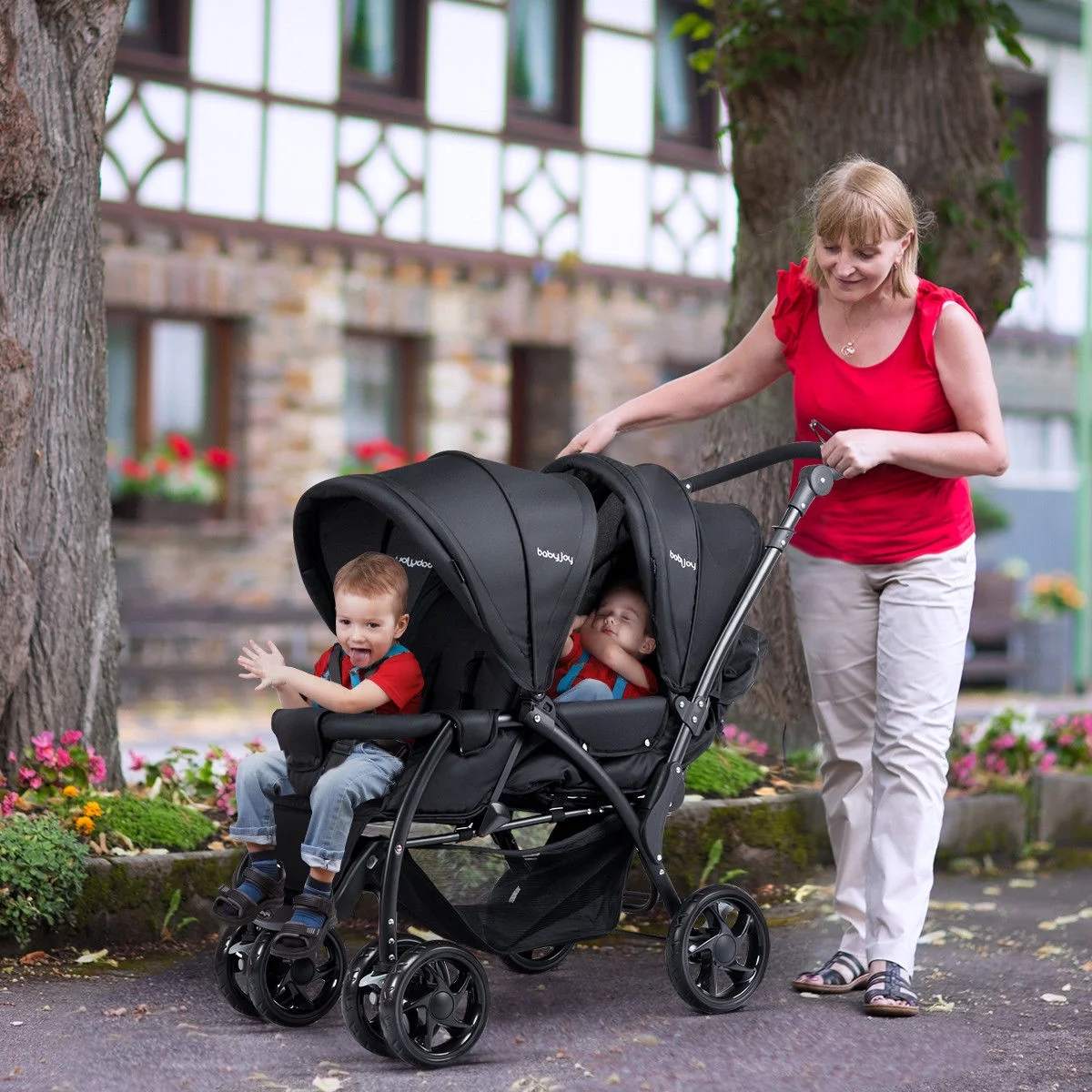 Babyjoy Double Stroller Foldable Baby Twin Lightweight Travel Stroller Infant Pushchair Black - Womvr