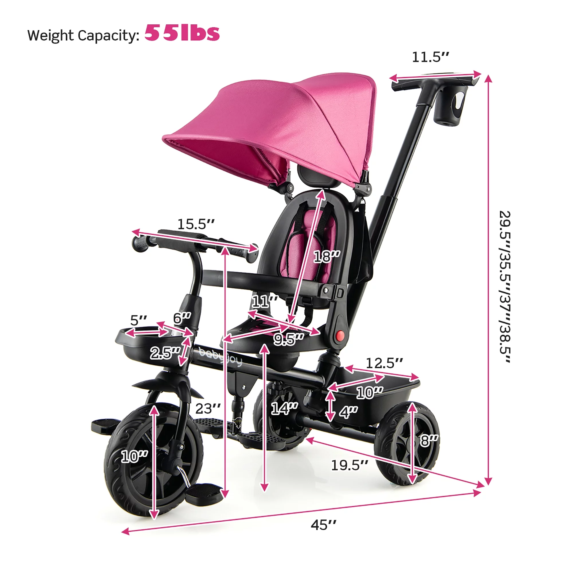 Babyjoy 4-in-1 Toddler Tricycle Reversible Baby Trike W/ Height Adjustable Push Handle - Womvr