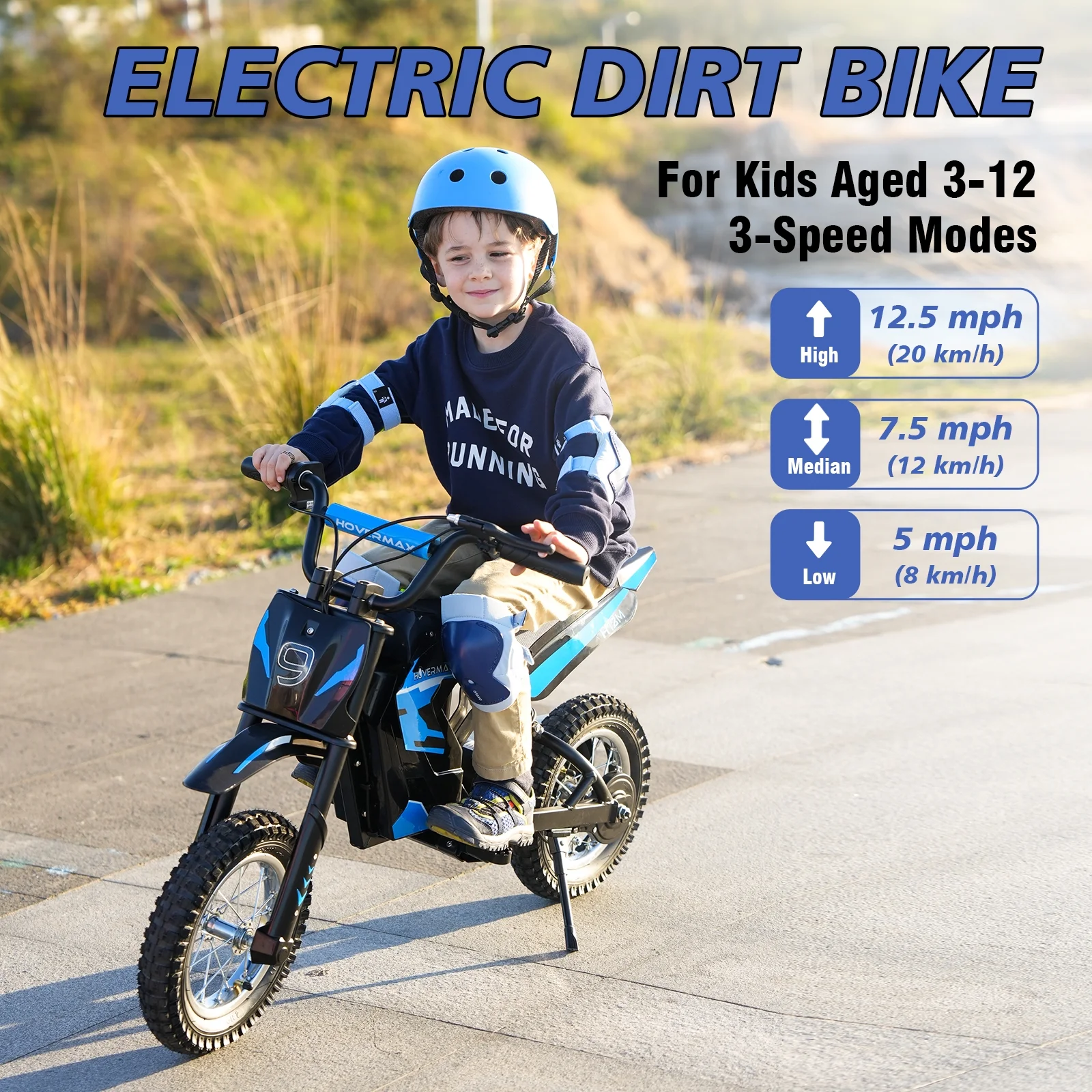 HOVERMAX H12M 24V Electric Dirt Bike, 300W Electric Motorcycle 12.5MPH Max Speed, Ride On Toys motocross for Kids Teens, Blue - Womvr