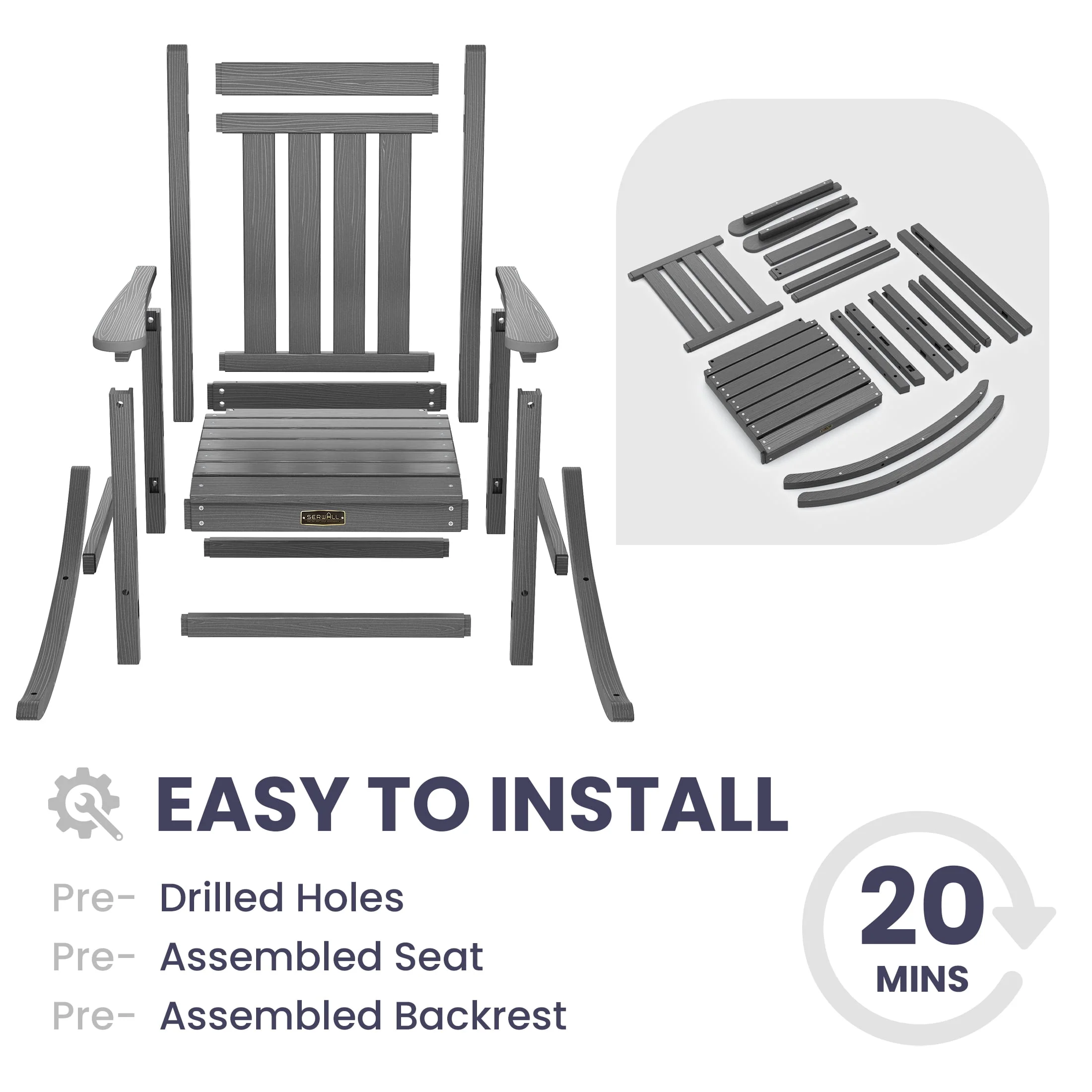 SERWALL Outdoor Oversized Slat Rocking Chair, HDPE Plastic Porch Rocker, Gray - Womvr