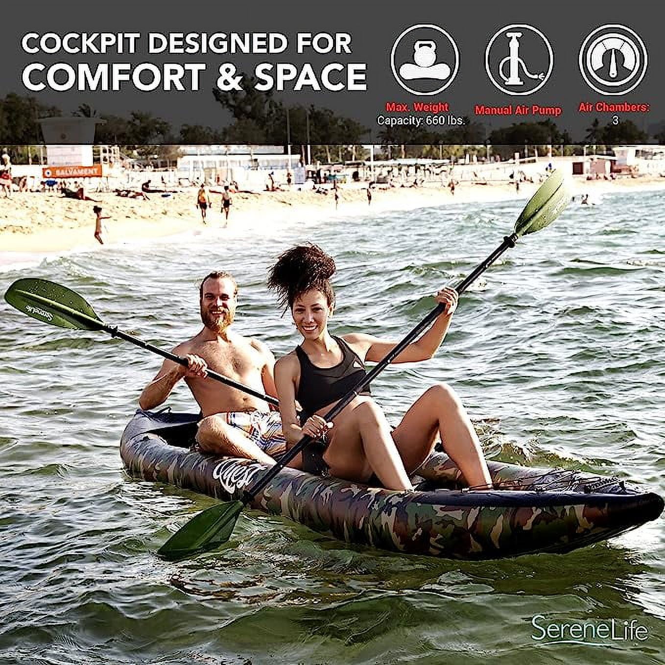SereneLife 2 Person Inflatable Kayak Double Kayak W/ Aluminum Paddles, Repair Kit Lightweight, Camo - Womvr