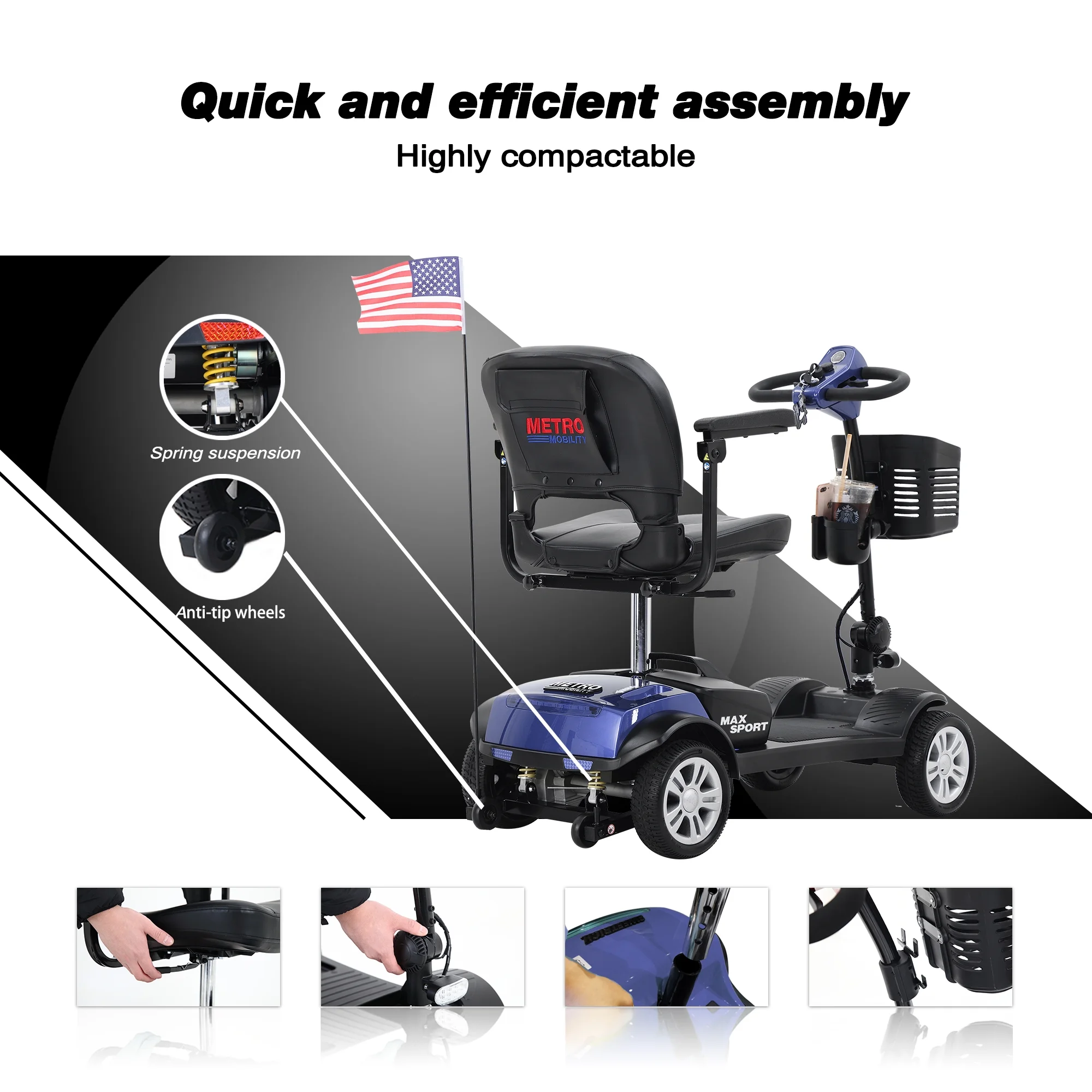 4 Wheel Mobility Scooter for Seniors, Outdoor Compact Mobility Scooter for Adults with Phone Holder and Cup Holder, 300 LBS Max Weight, Collapsible & Compact for Travel with Family, Blue - Womvr
