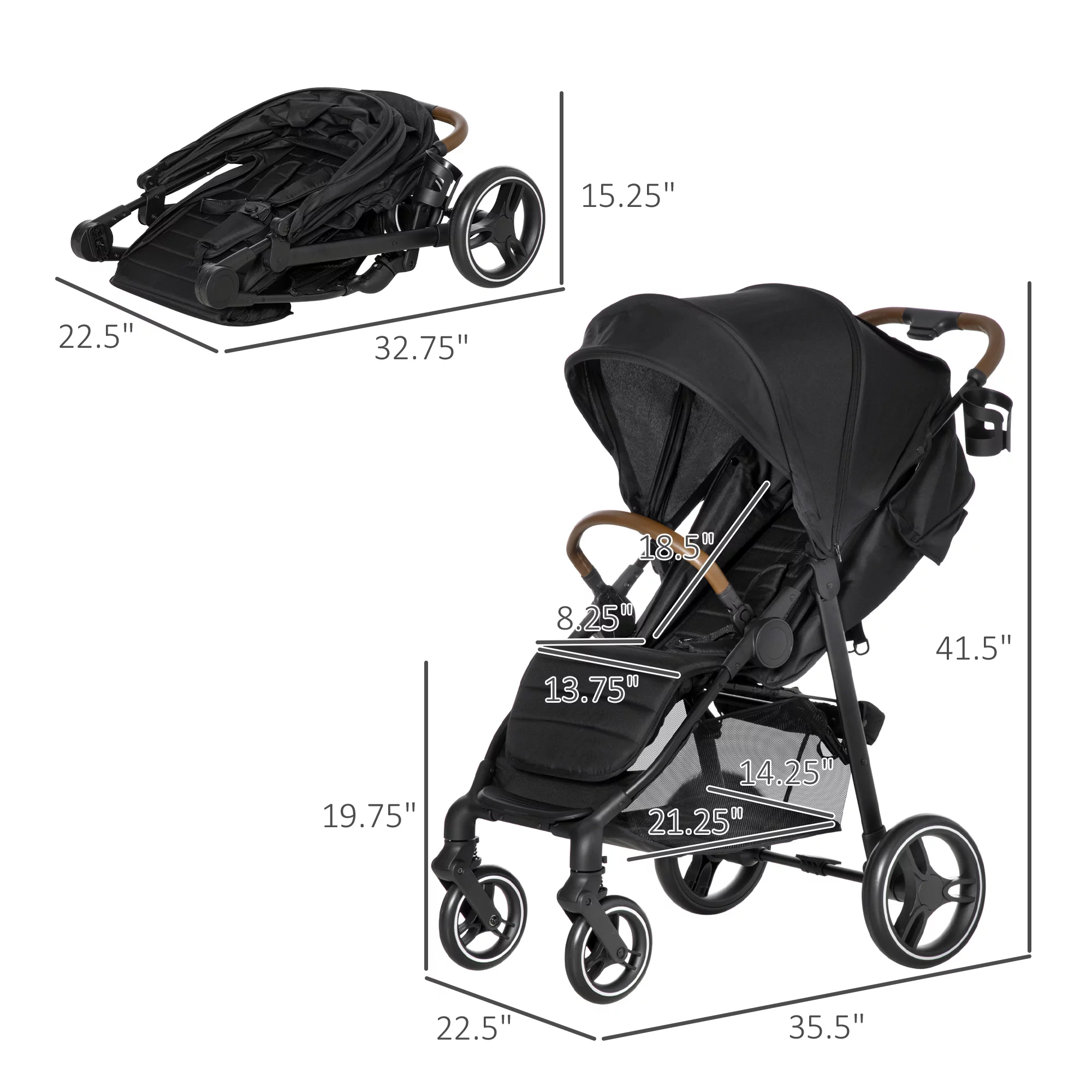 Qaba 1-Click-Foldable Toddler & Baby Stroller, Lightweight Stroller, Black - Womvr