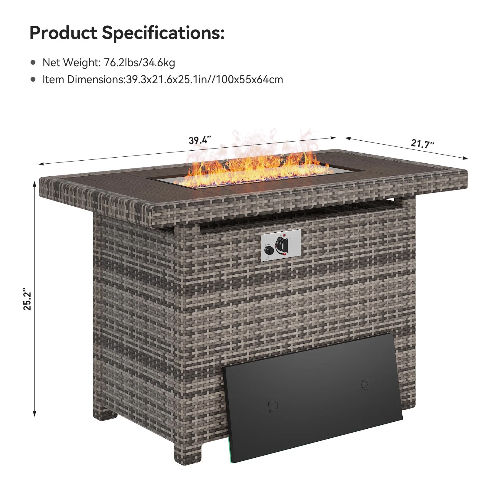 Aoxun 40'' Fire Pit Table 50,000 BTU Propane Gas Fire Pit Table W/ Cover, Glass Beads, Tank Holder, Gray Wicker - Womvr