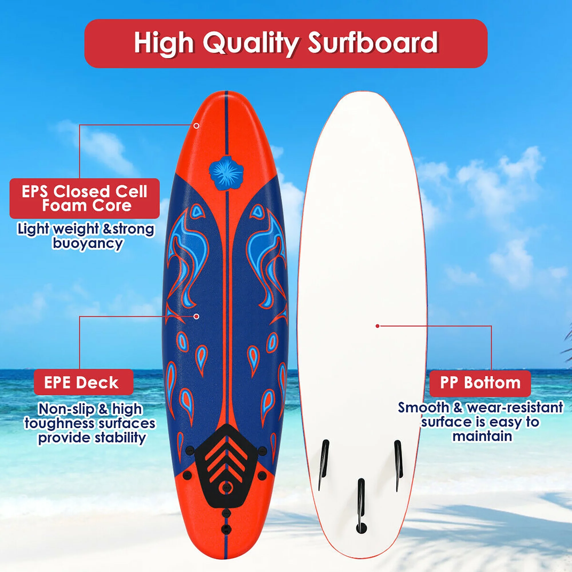Costway 6' Surfboard Foamie Body Surfing Board W/3  Fins & Leash for Kids Adults Red - Womvr