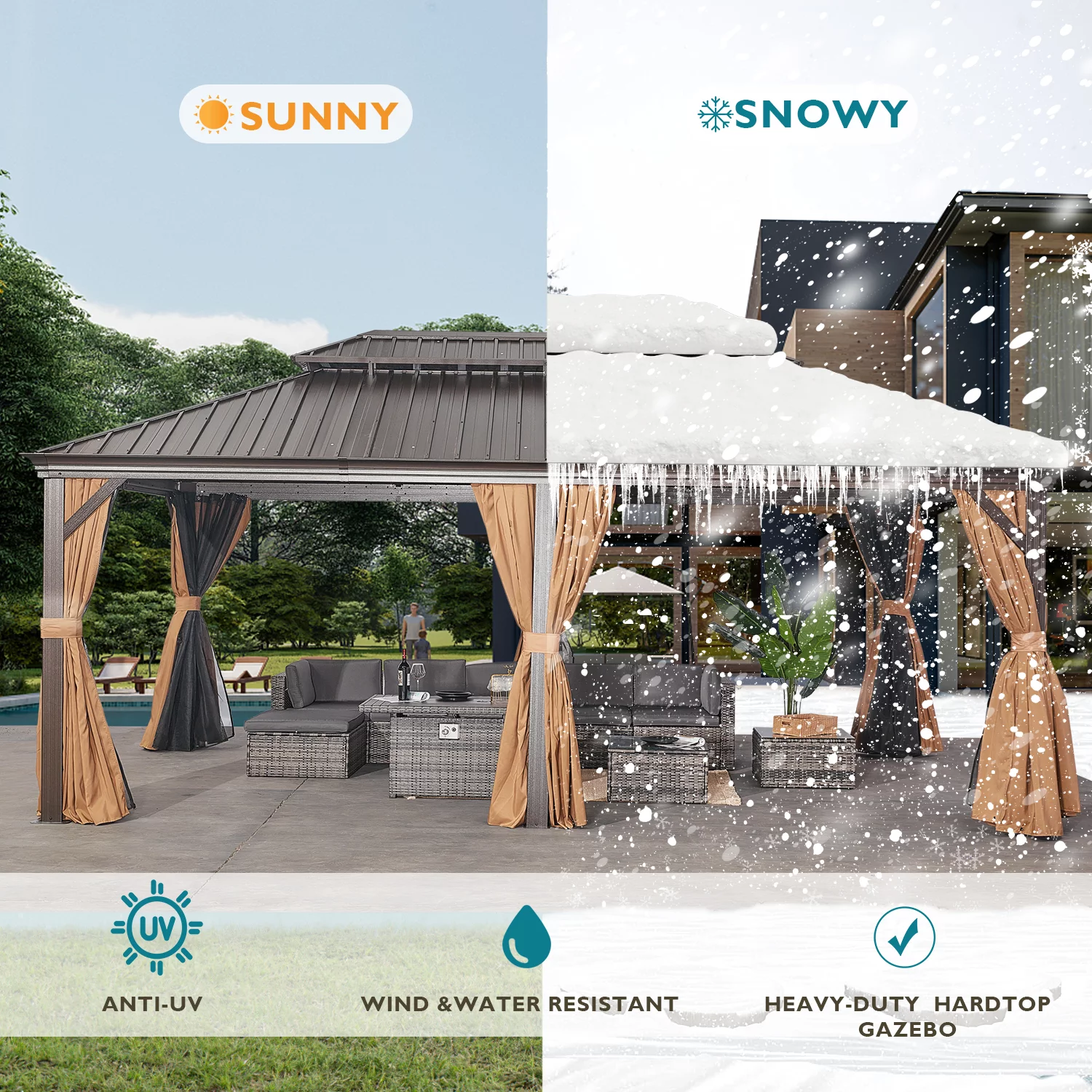 Aoxun 10'x12' Hardtop Gazebo, Outdoor Steel Double Roof Canopy, Aluminum Frame Permanent Pavilion with Curtains and Netting, Sunshade for Garden, Patio, Lawns, Black - Womvr