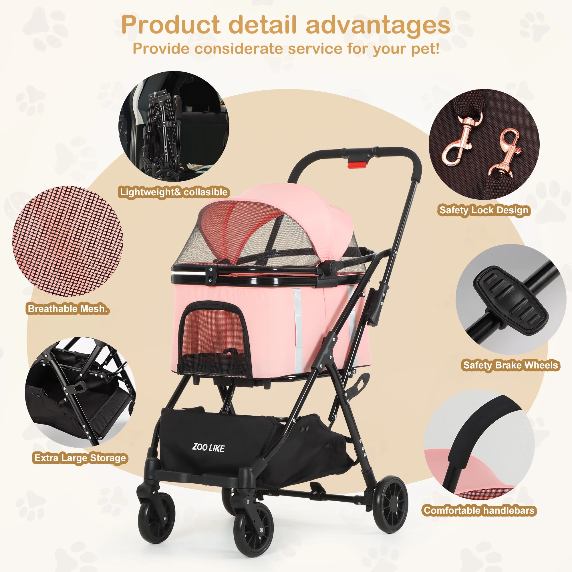 Zoolike Pet Stroller, Dog Cat Stroller 3-in-1 Detachable Doggy Stroller for Small Medium Dogs 4 Wheel Dog Travel Jogger Cart Cat Walker Foldable Wagons for Doggy Rabbit Puppy, Gray - Womvr