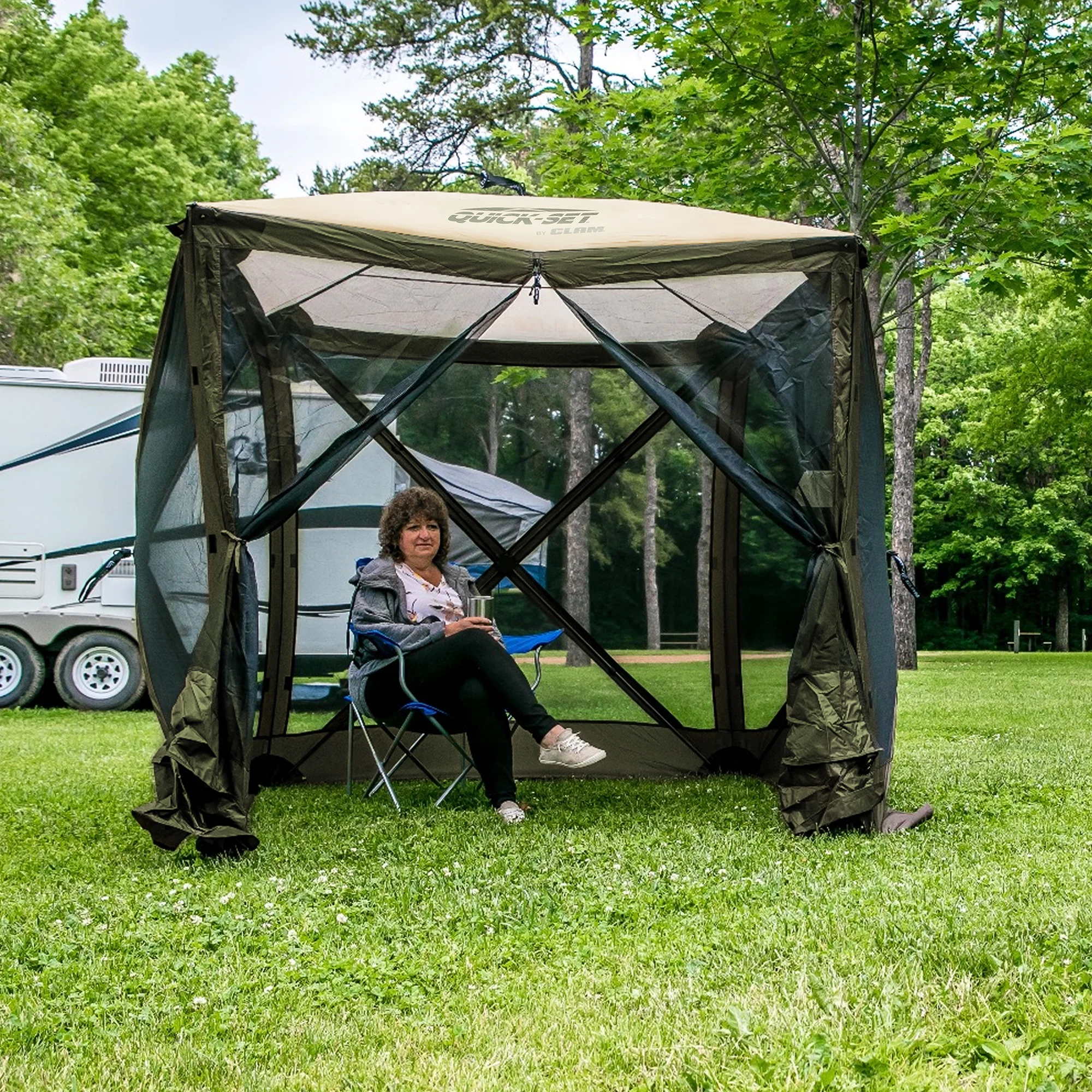 CLAM Quick-Set 9 x 9 Ft Venture Portable Outdoor Canopy Shelter, Green/Tan - Womvr