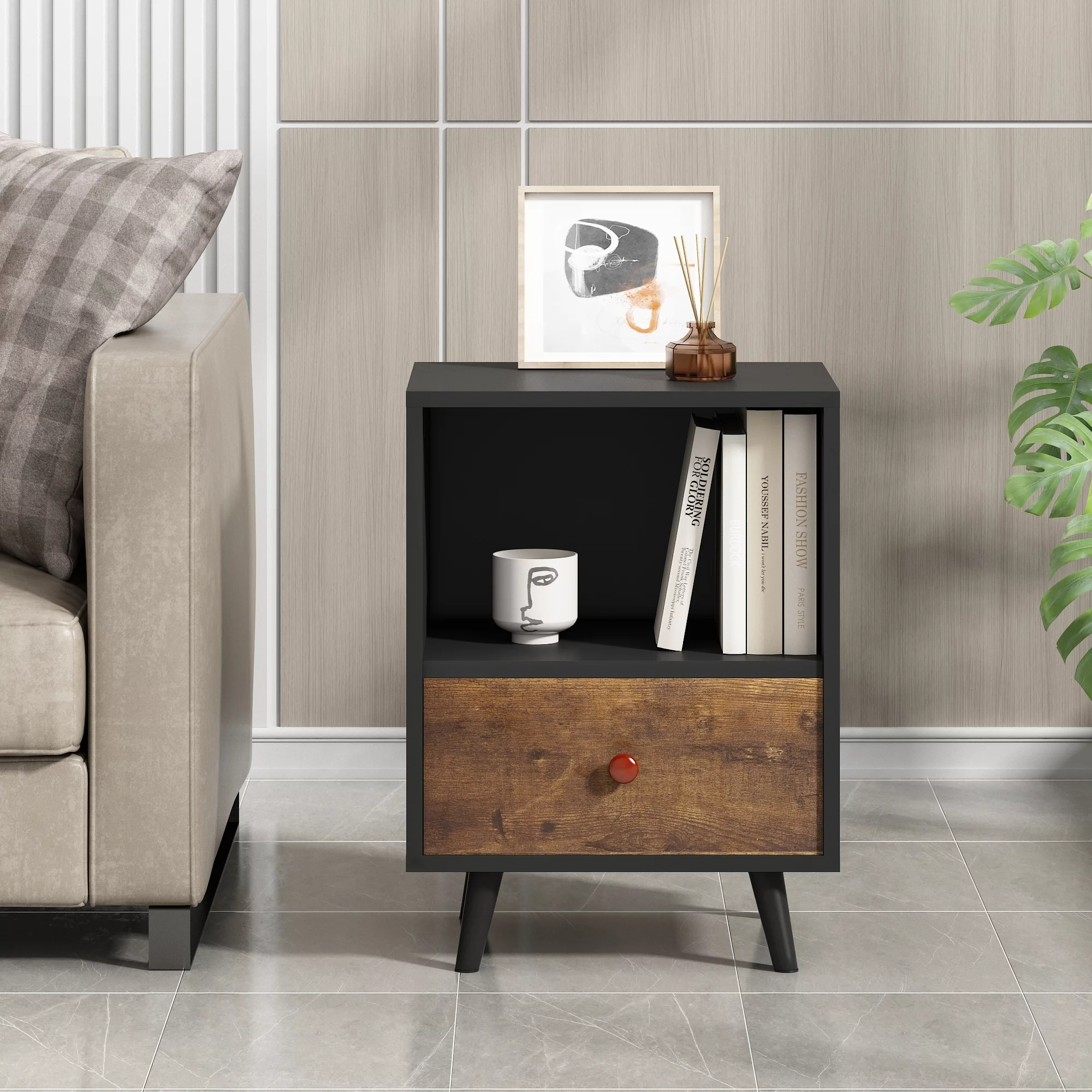JAXPETY Nightstands Set of 2, Night Stand with 1 Drawer and Open Shelf Storage, End Table, Side Table, for Bedroom, Living Room, Natural Wood & White - Womvr