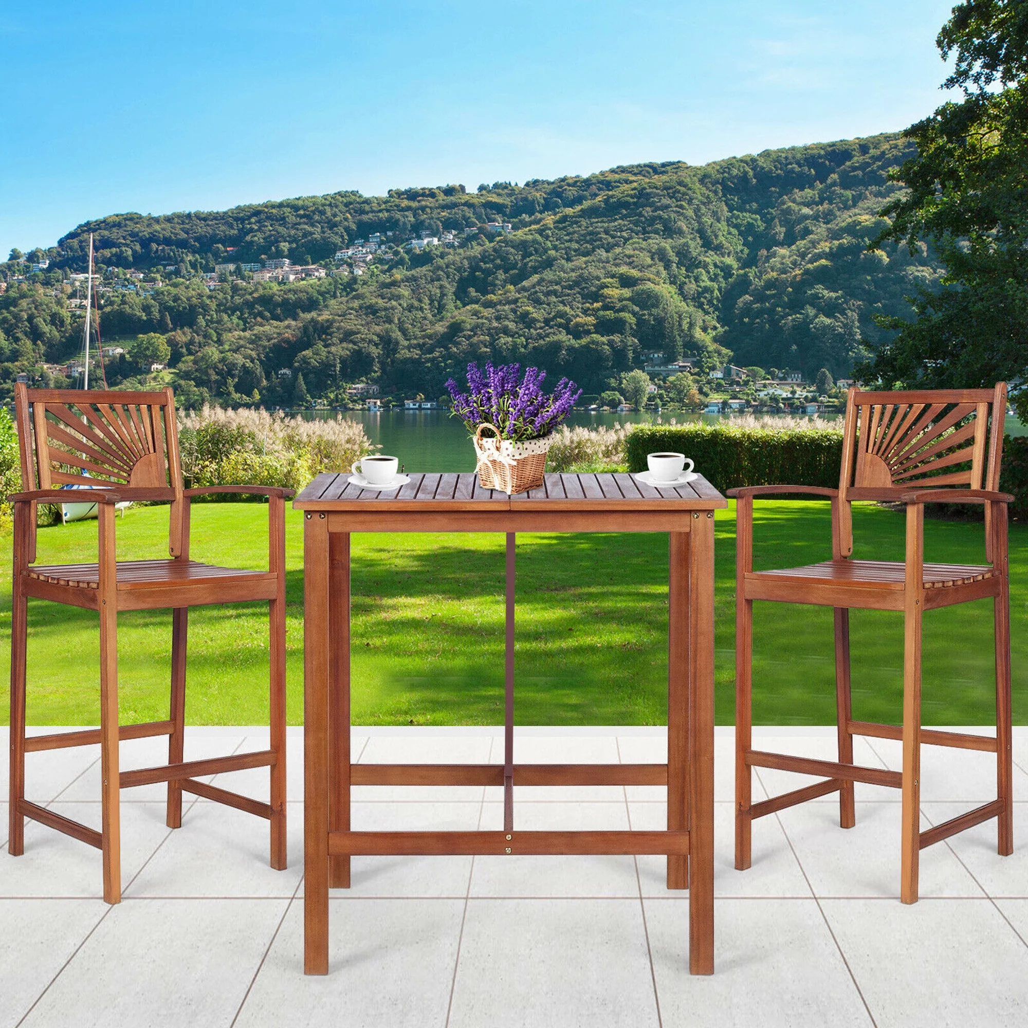 Gymax 3PCS Patio Acacia Wood Bar Table & Stool Set Outdoor Dining Bistro Set - Womvr