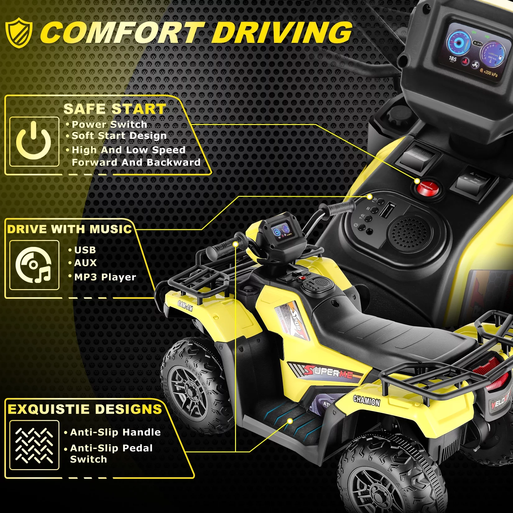 Funcid 12V Kids Ride on ATV 4-Wheeler Quad Battery Powered Electric Car with High/Low Speed, 2X30W Motor, Treaded Tires, Soft Braking, LED Light, Music, Rose Red - Womvr