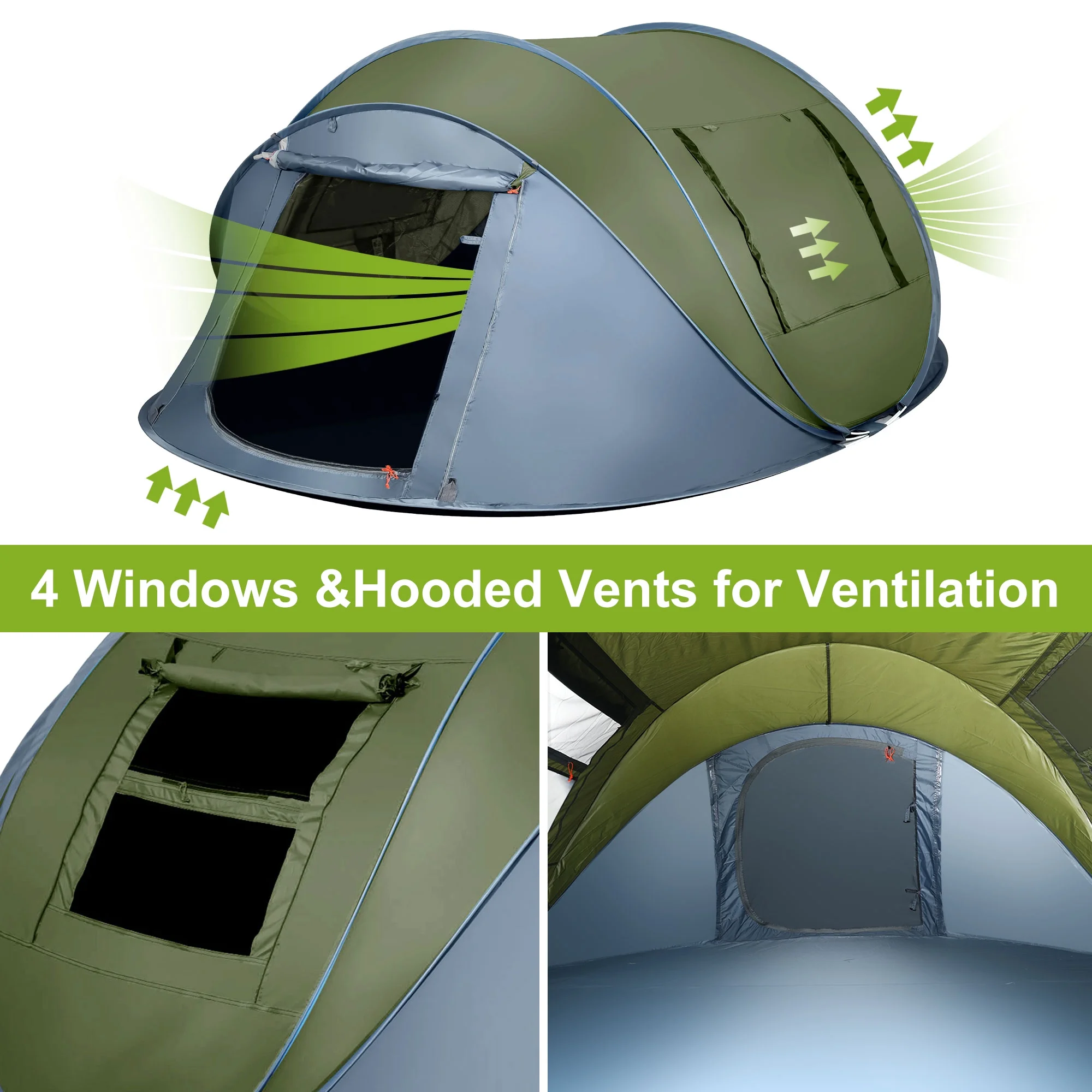 GVDV Camping Tent, 6 Person Easy Pop up Tent, Automatic Setup 2 Doors-Instant Family Tents for Camping Hiking & Traveling, 10.5ft x 7.2ft x52in, Green - Womvr