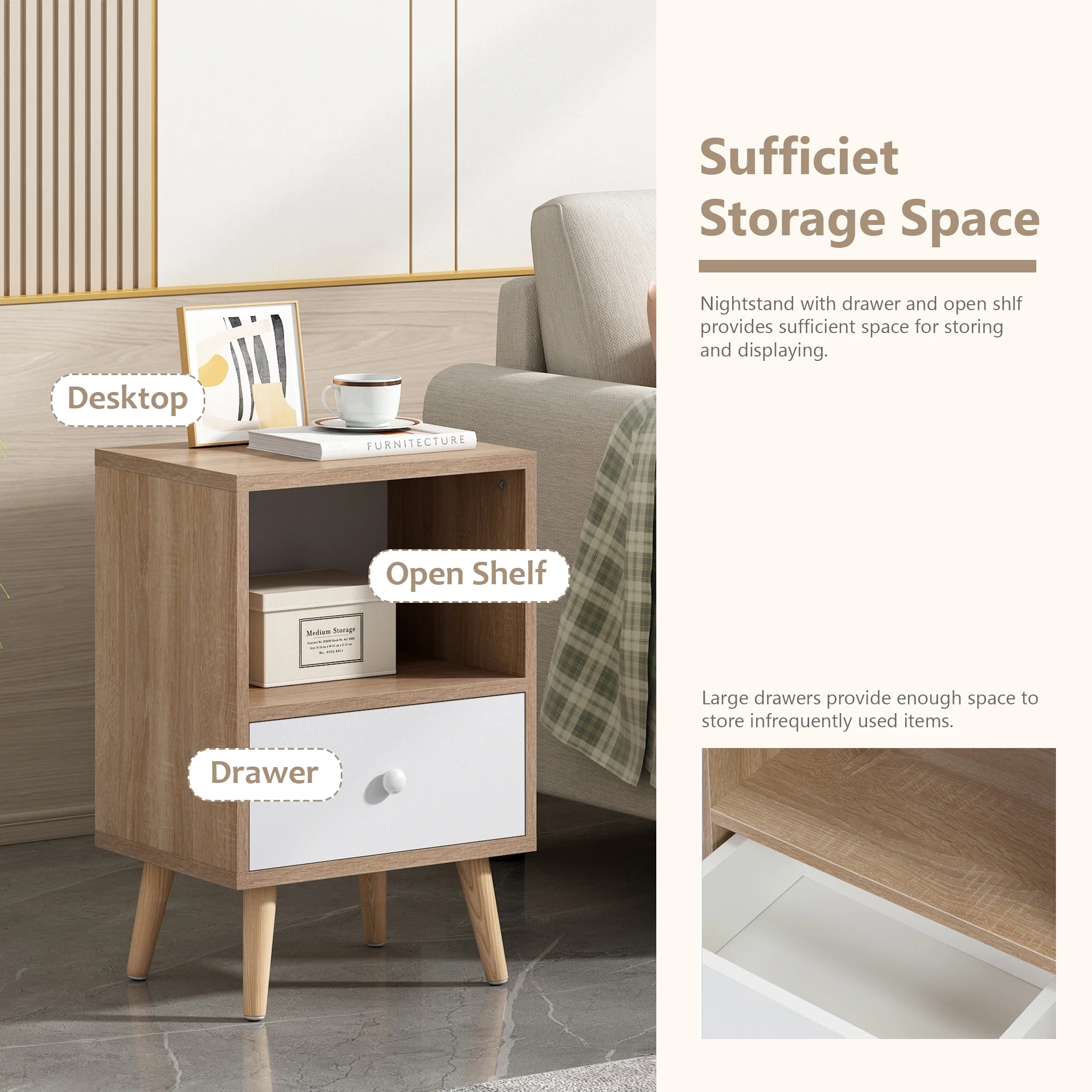 JAXPETY Nightstands Set of 2, Night Stand with 1 Drawer and Open Shelf Storage, End Table, Side Table, for Bedroom, Living Room, Natural Wood & White - Womvr