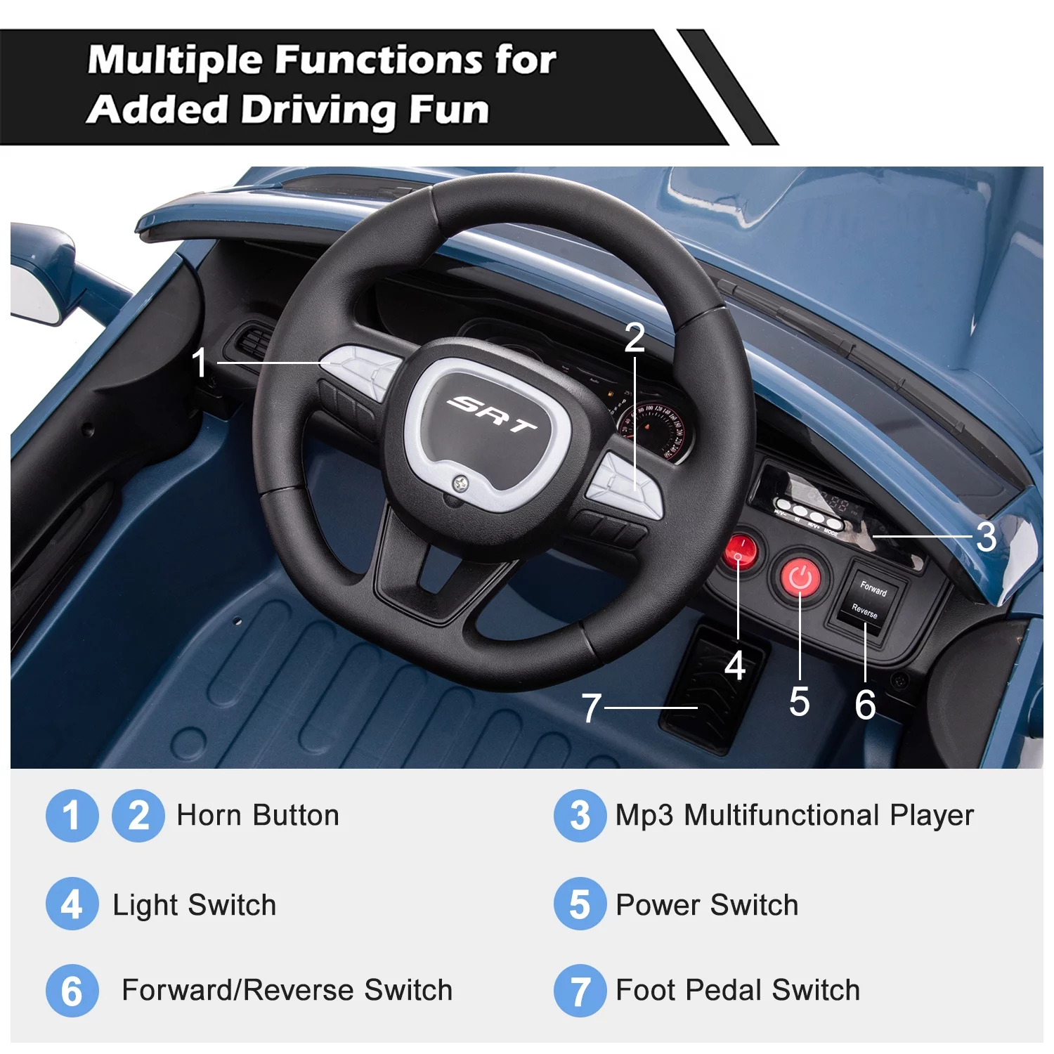 Dodge Challenger 12 V Powered Ride On Car with Remote Control, SRT Hellcat Toys for Kids, Black - Womvr