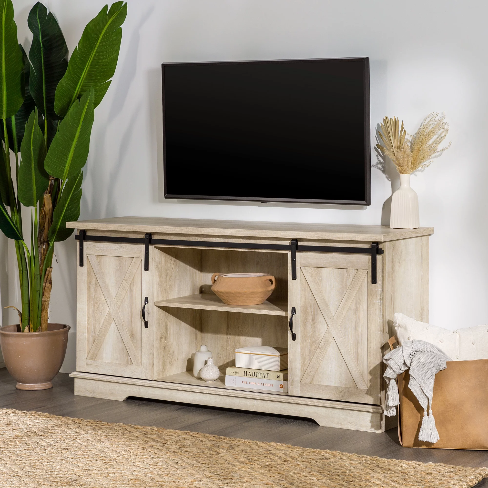 Woven Paths Farmhouse Sliding Barn Door TV Stand for TVs up to 65
