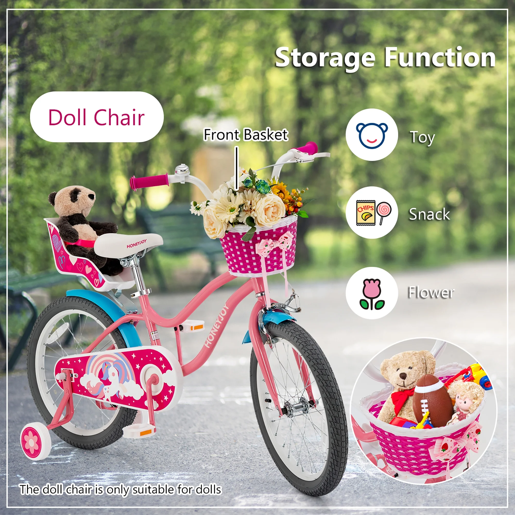 Gymax 18 Inches Kids Bicycle w/ Doll Chair & Basket Kids Bike w/ Training Wheels Pink - Womvr
