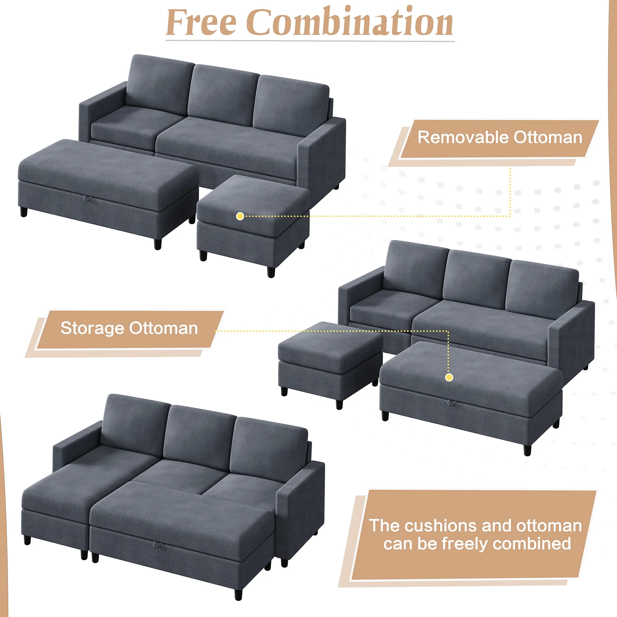 Walsunny Convertible Sectional L-Shaped Sofa with Modern Linen Fabric(Grayish Black) - Womvr