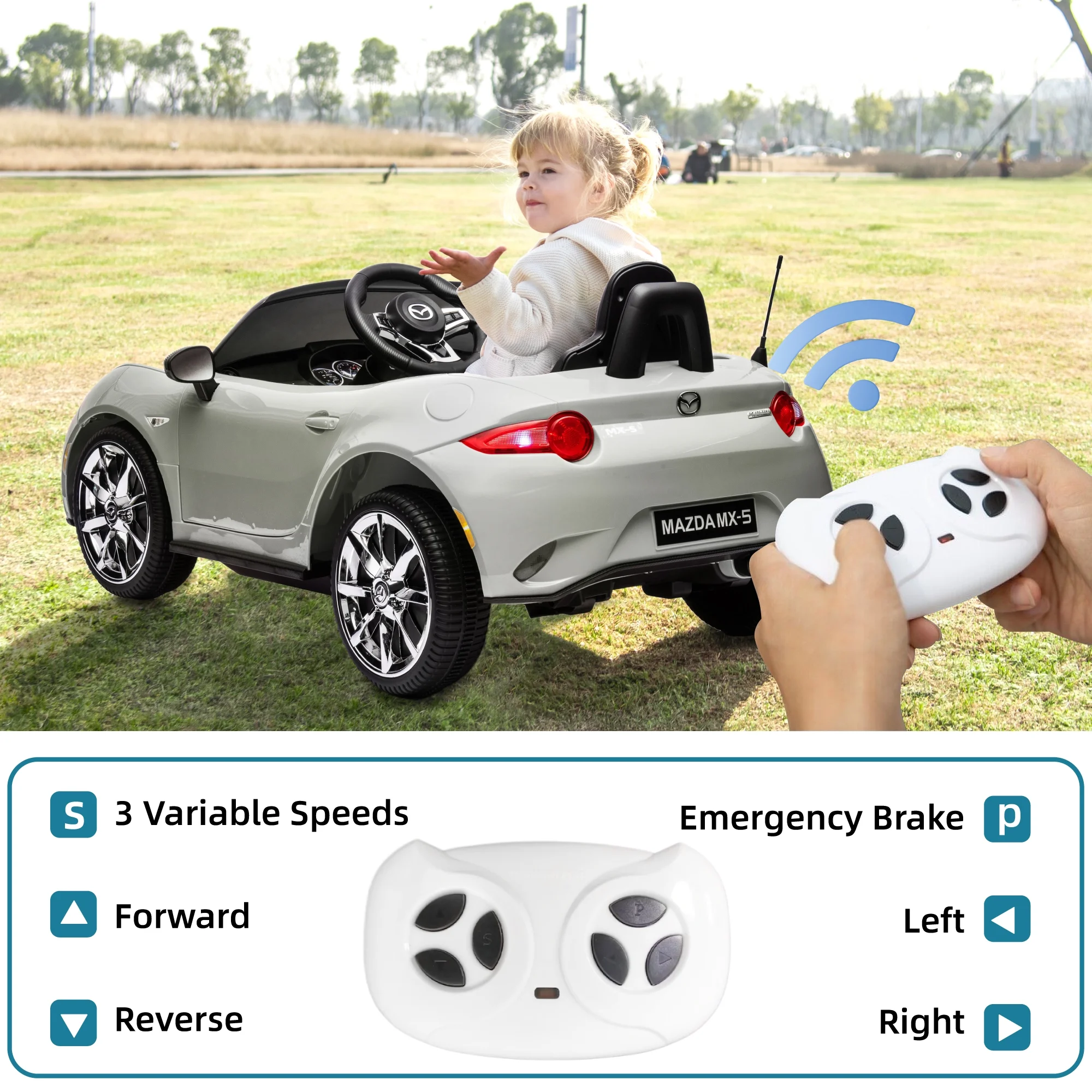12V Ride On Powered Wheels Car Mazda Licensed MX-5 Electric Car for Kids w/ Parental Remote Control LED Lights Bluetooth Music - Womvr