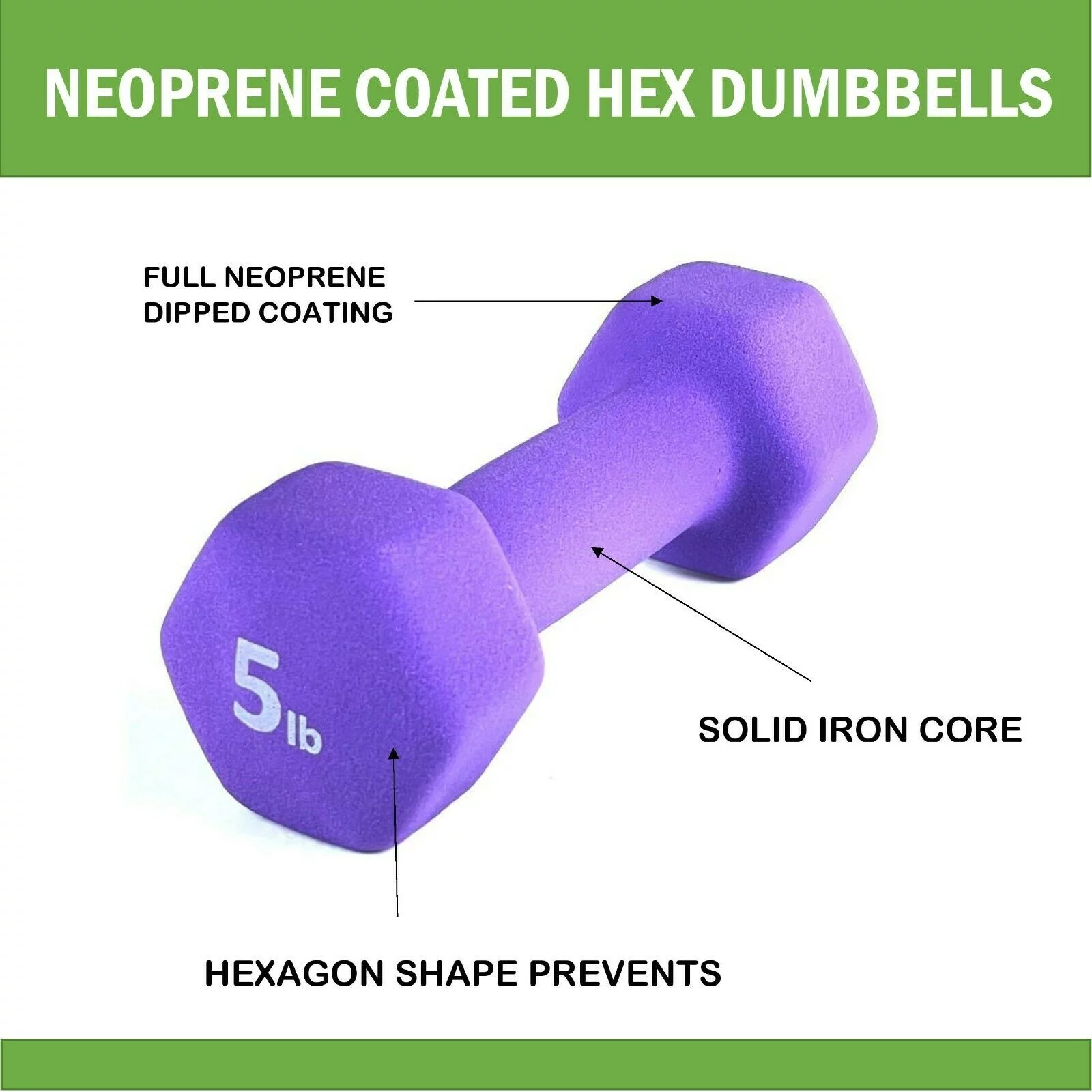 Rainforest Basics Neoprene 5 Lbs. Hex Dumbbells Hand Weights, Set of 2 - Womvr