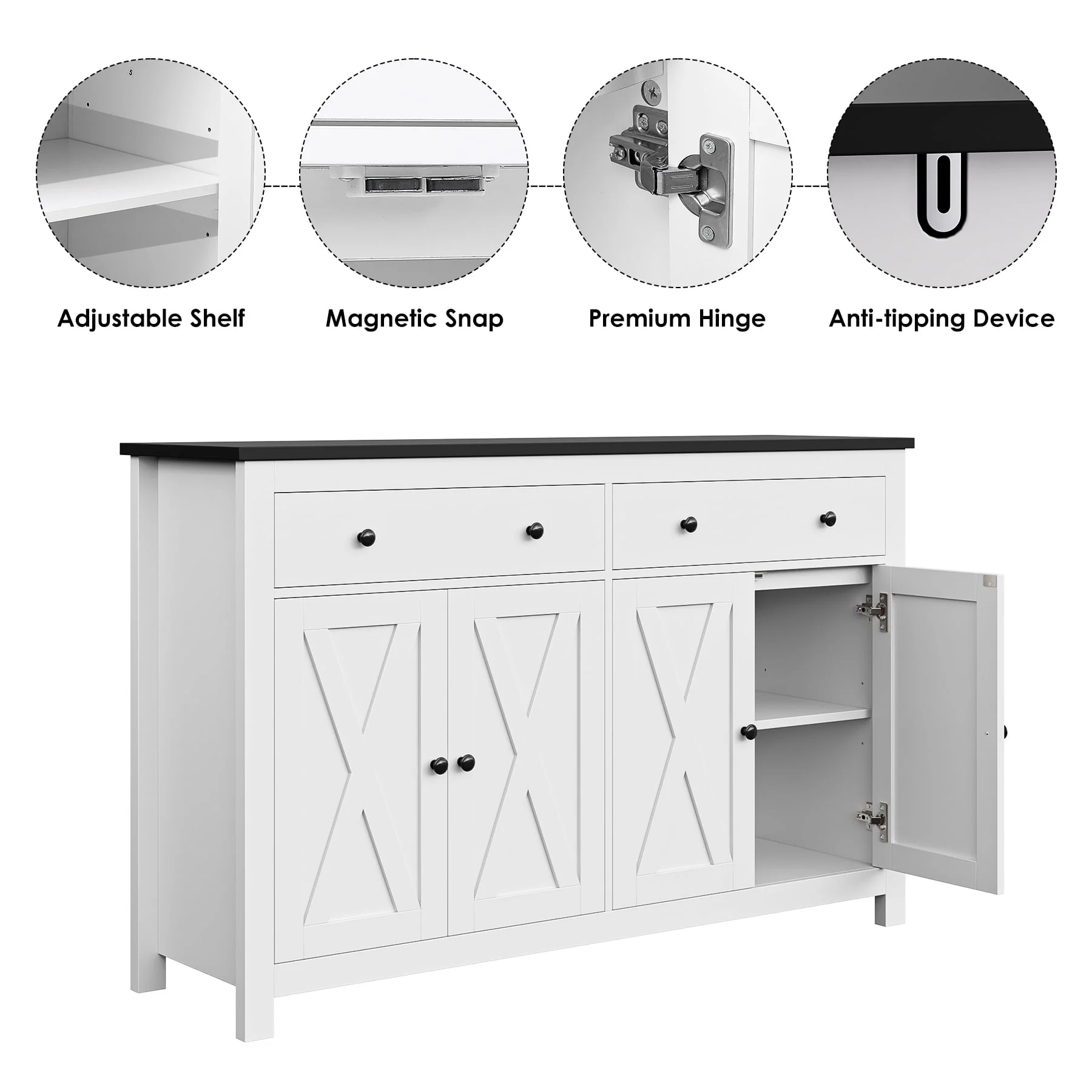 Homfa 4-Doors 2-Drawers Farmhouse Storage Cabinet, Wood Sideboard with Adjustable Shelves for Kitchen Dining Room, White - Womvr